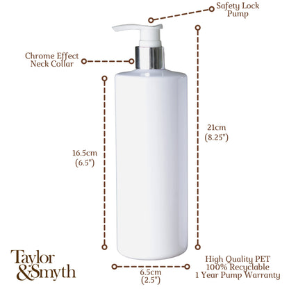 Taylor & Smyth 3 x 500ML PET PUMP DISPENSER BOTTLE MRS HINCH STYLE BATHROOM KITCHEN SHAMPOO CONDITIONER CONDITIONER WHITE CHROME