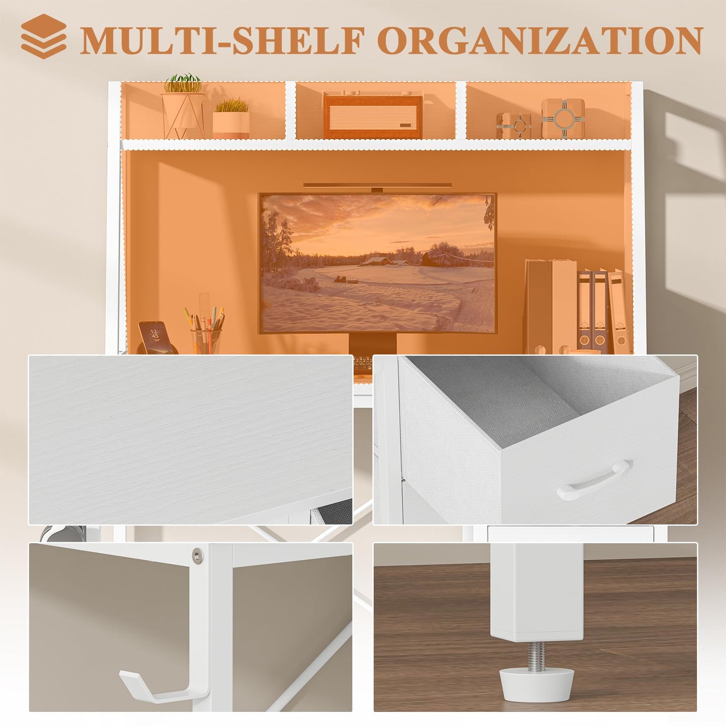 Feonase Industrial-Style Computer Desk with 3-Tier Wall-Mounted Shelf & 3 Fabric Drawers – MDF Desktop for Home Office, Study & Organization