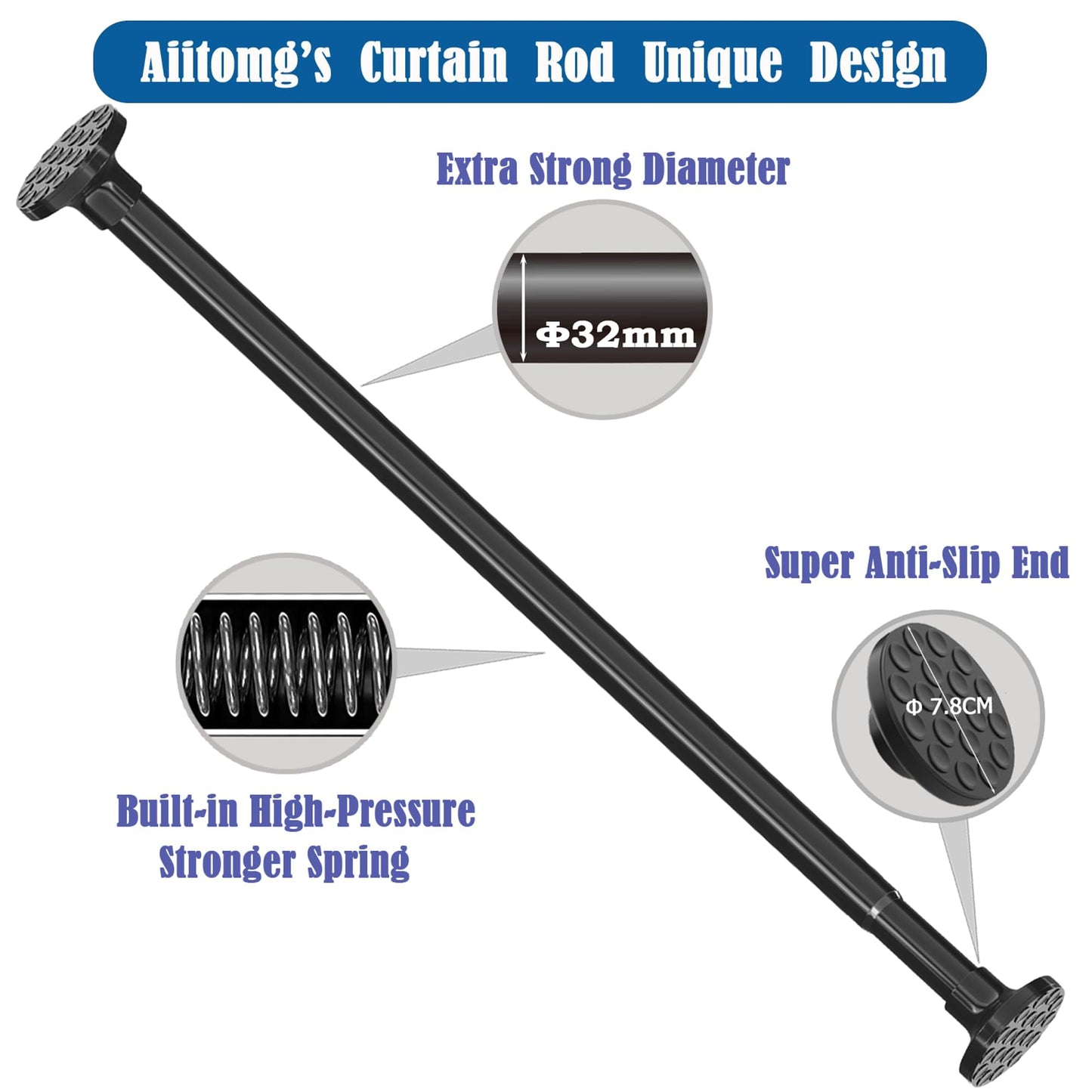Curtain Pole 300 cm Long Curtain Rod Extra Length Shower Rail No Drilling Clothes Rail Extendable for Bathroom, Bedroom Black (85-270CM Φ32 mm)
