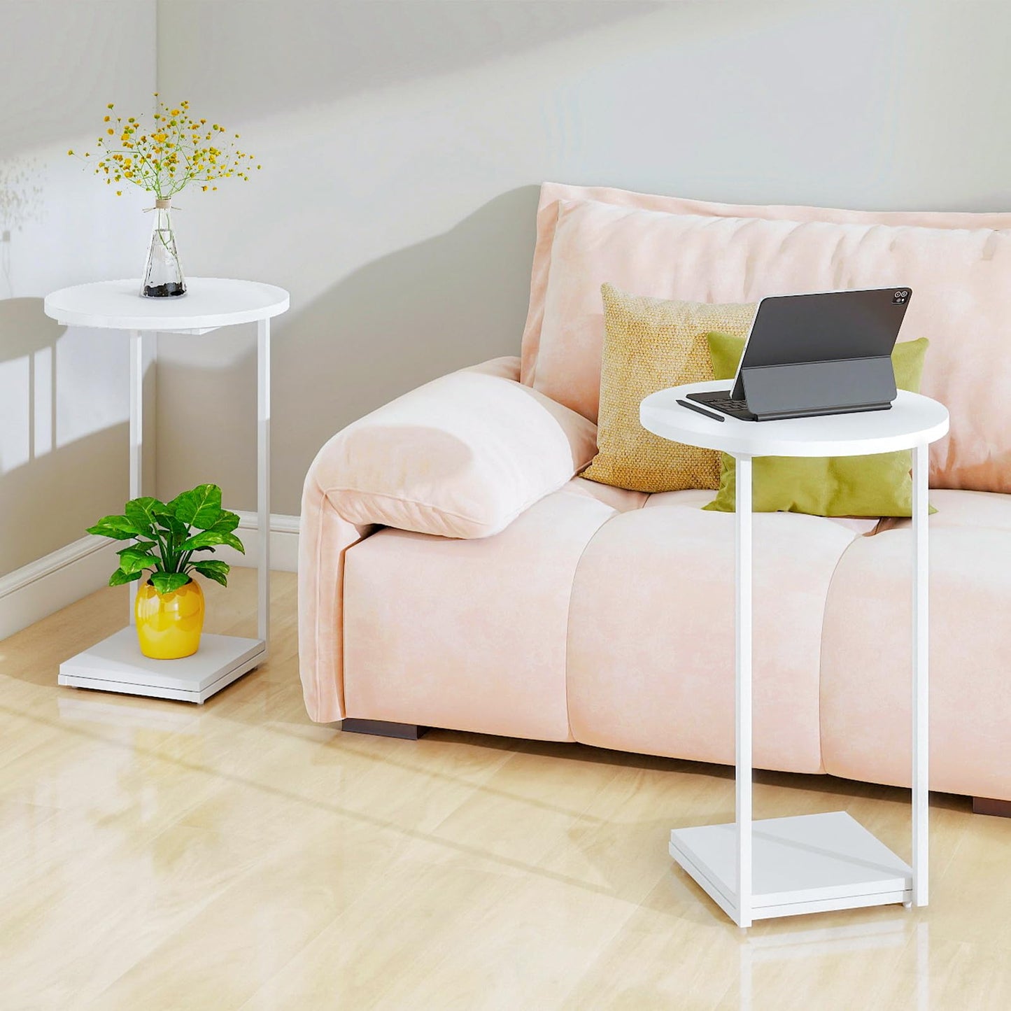 HDANI C-Shaped Side Table,Round End Table under Sofa,Bedside Table,Sofa Side Table with Metal Frame, Small Coffee Snack Table for Living Room