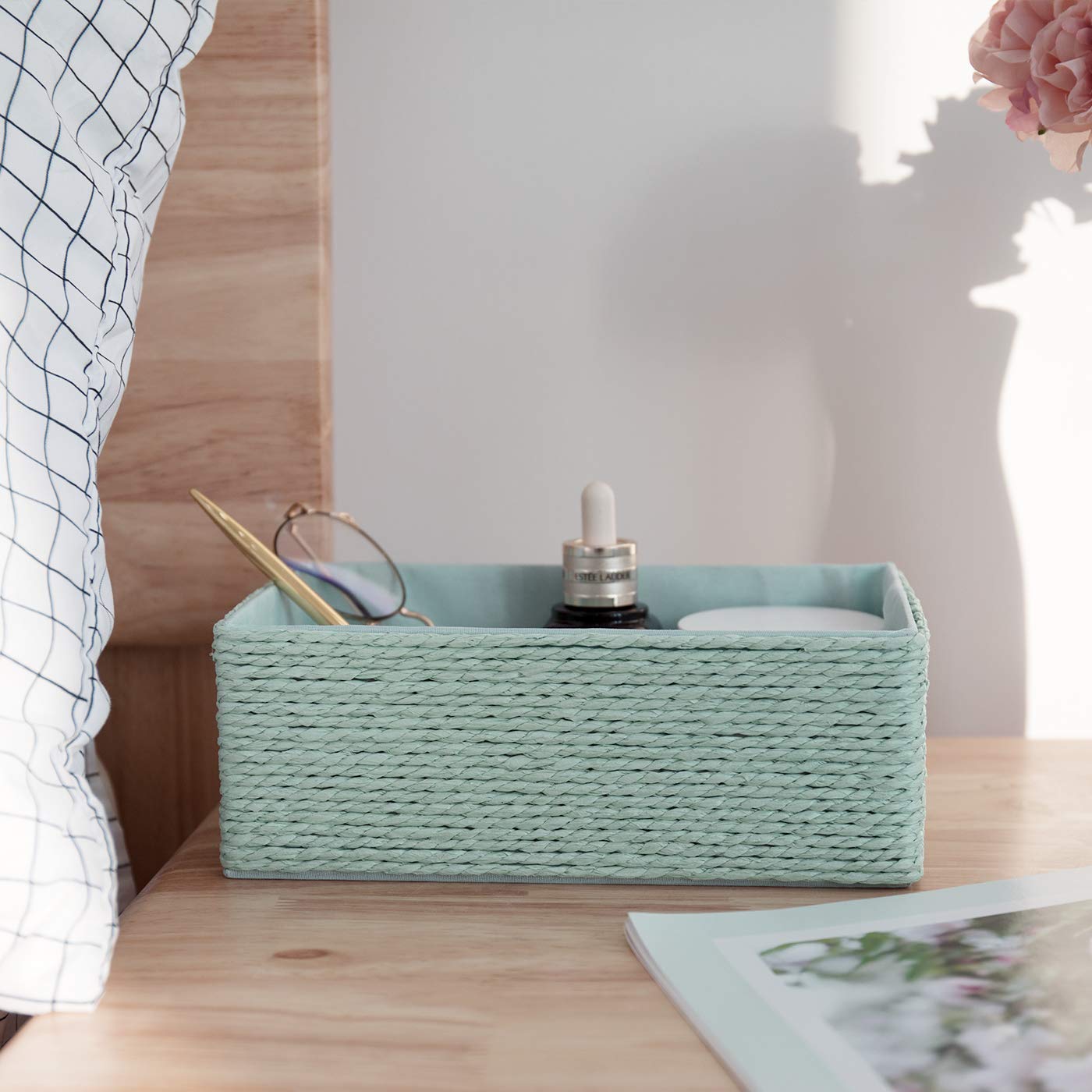 LA JOLIE MUSE Paper Rope Woven Storage Basket Set of 4 with Fabric Liner, Stackable Multipurpose Organizer Bin, Mint Green