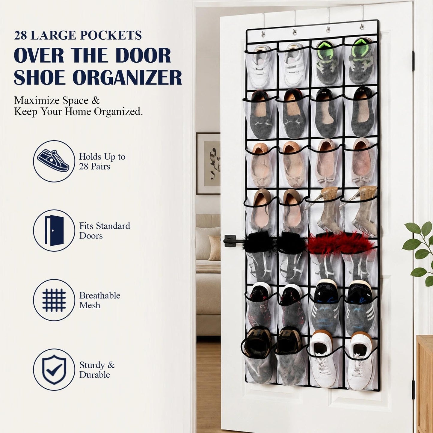 EVTHUR Over Door Shoe Storage Organiser 28 Large Mesh Pockets Hanging Shoe Rack Holder with 4 Hooks