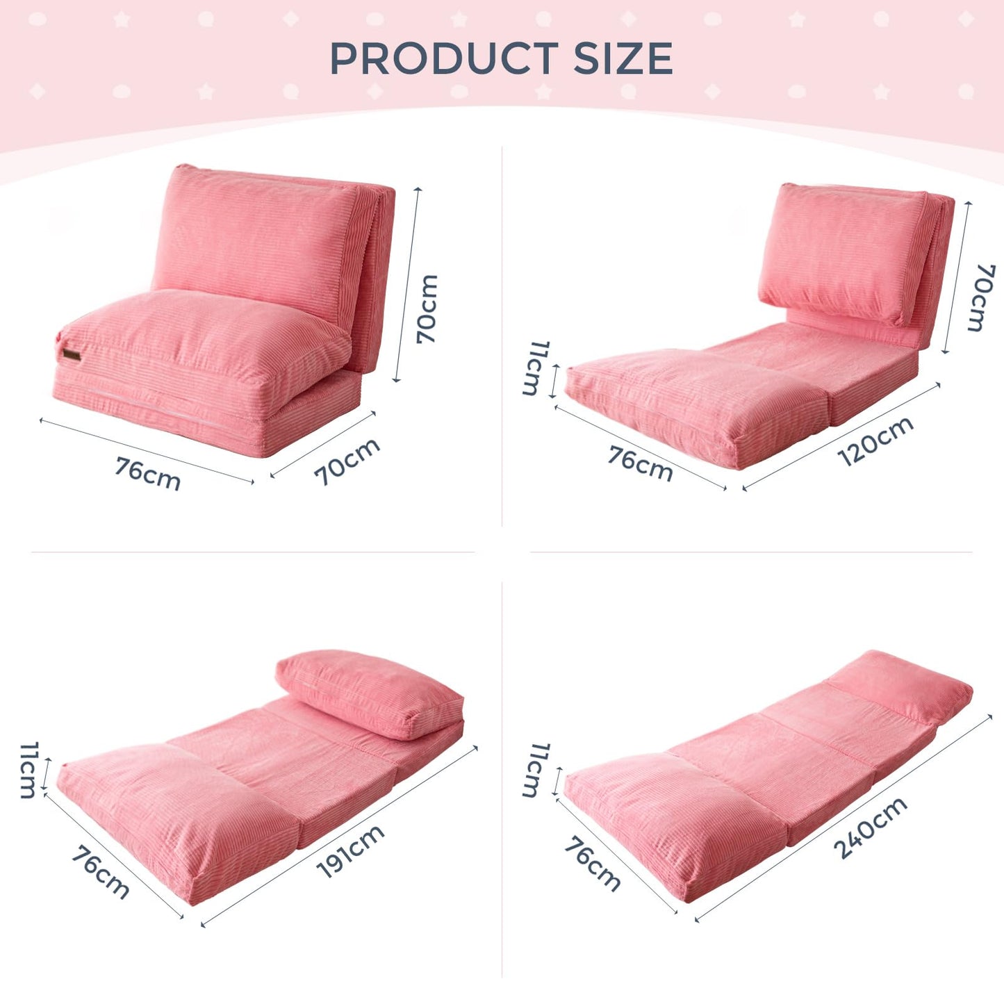 MAXYOYO Folding Corduroy Sofa Bean Bag Bed Chair Foam Filling Extra Thick 4 Fold Floor Couch Matress for Adults