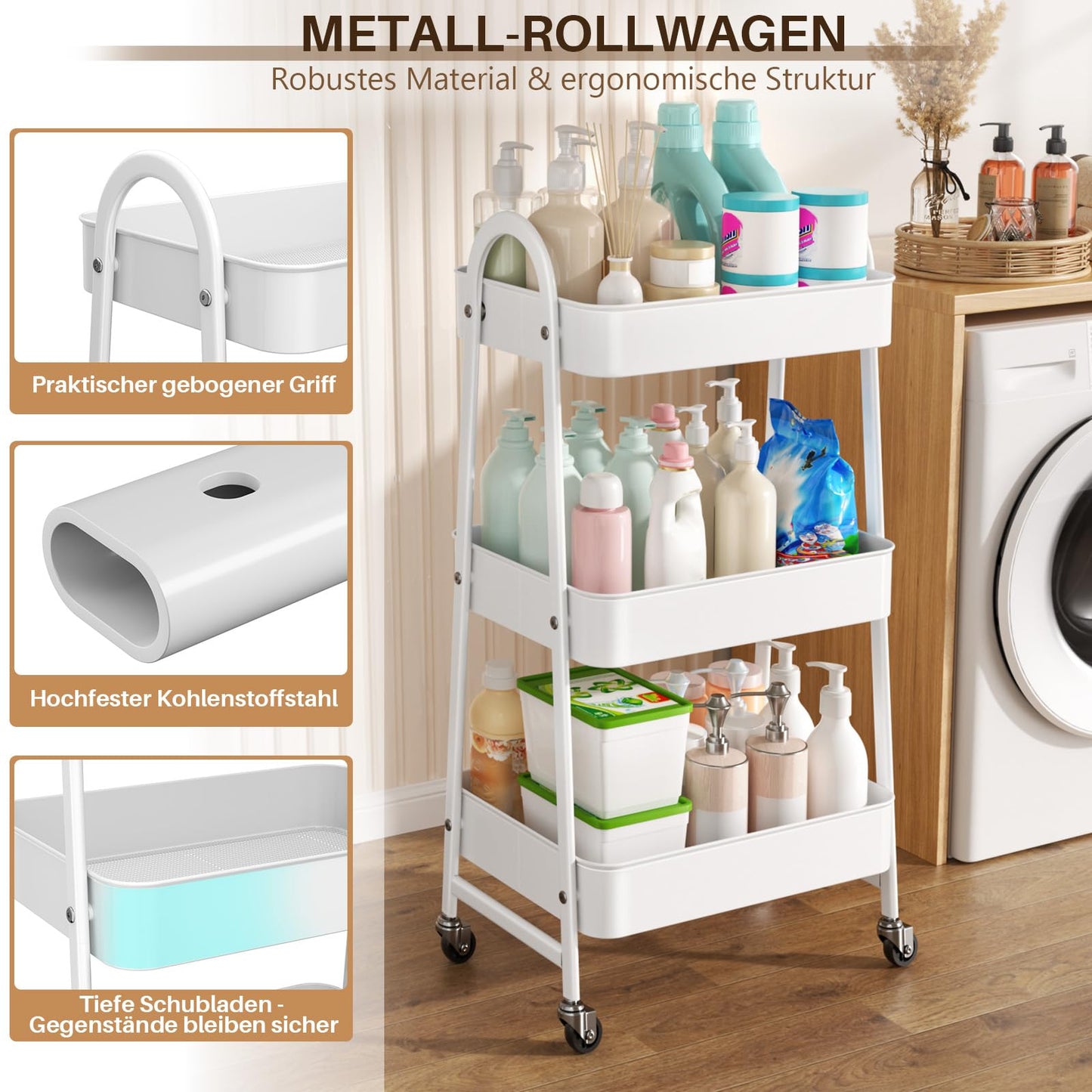 StowBin 3 Tier Metal Rolling Cart Kitchen Storage Cart with Wheels Serving Cart for Living Room Bathroom Office Bedroom White