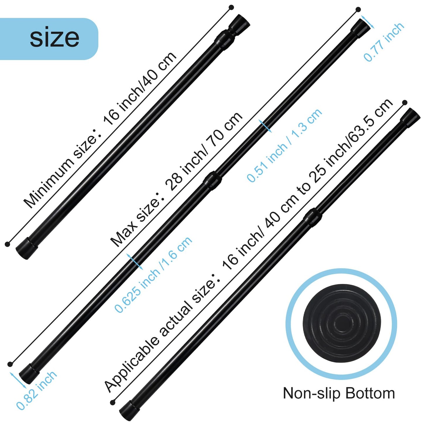GOOWIN 40-70cm Tension Rod,3 Pcs Tension Rods for Curtains,No Drilling Spring Adjustable Small Tension Rod for Curtain,Bookshelf,Cupboard,Wardrobe