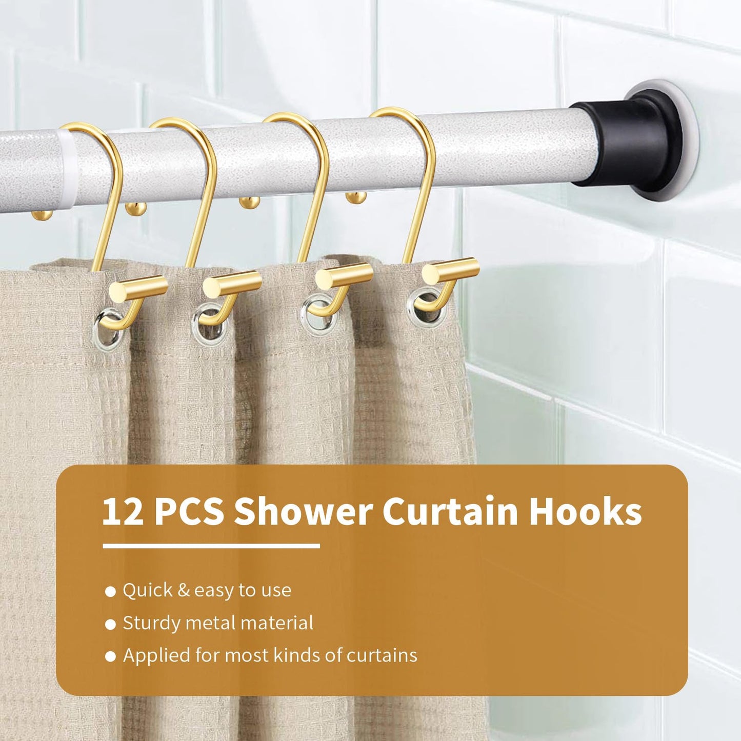 AURIVISTA 12 Pack Shower Curtain Hooks, Rust Proof T-Bar Rings, Gold