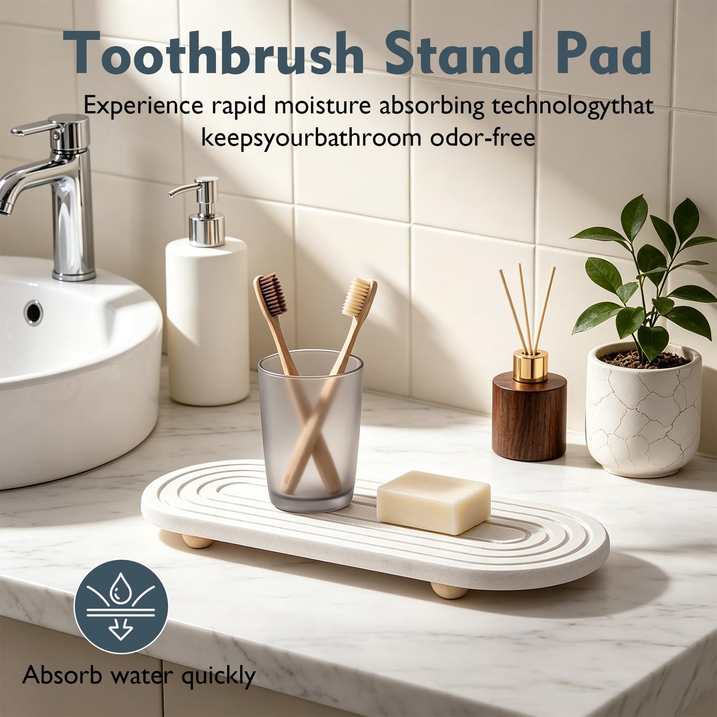 Quick Drying Stone Tray, Natural Diatomite Absorbent Mat with Wooden Feet, Fast Evaporation, Anti-Slip Grooves, Multifunctional for Bathroom Sink