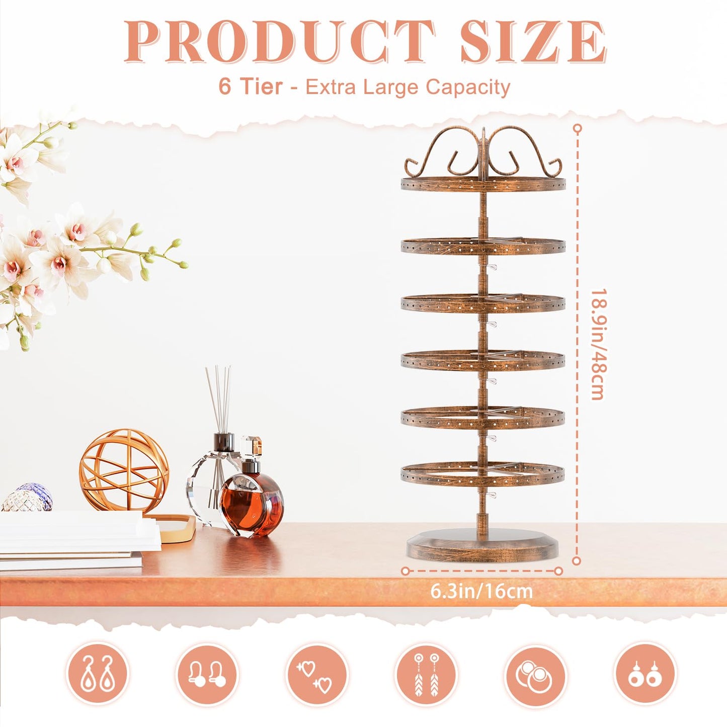 iDavosic.ly 6 Tier Metal Rotating Earring Holder Organizer Stand, Bronze