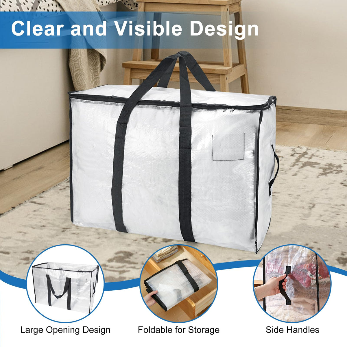 Large Moving Boxes 4Pack Large Storage Bags 95L Packing Boxes for Moving House Heavy Duty Clothes Storage Bags Clear Laundry Bags with Zips Lids for