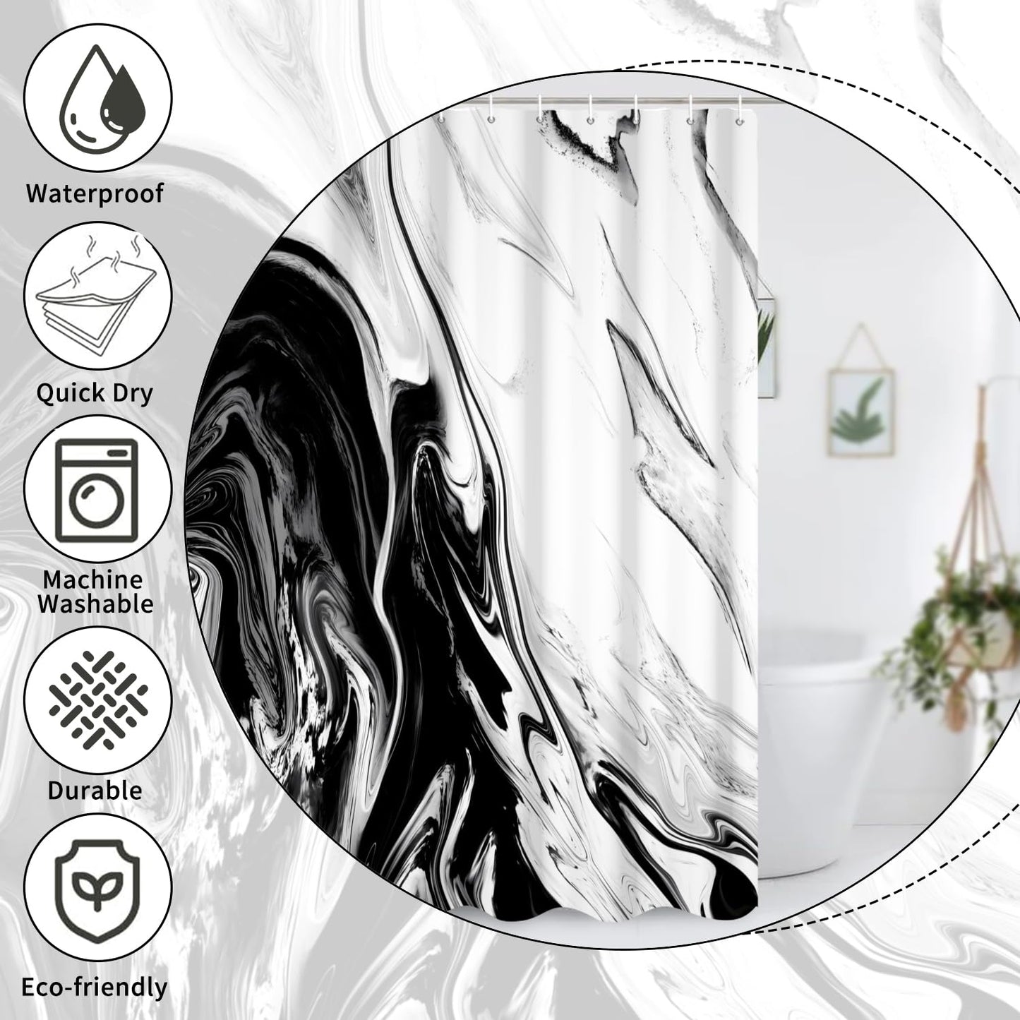 GCIREC Shower Curtain, 180x200cm, Black White Texture Ink Marble Modern Art Waterproof Fabric Machine Washable Bathroom Curtain with Hooks