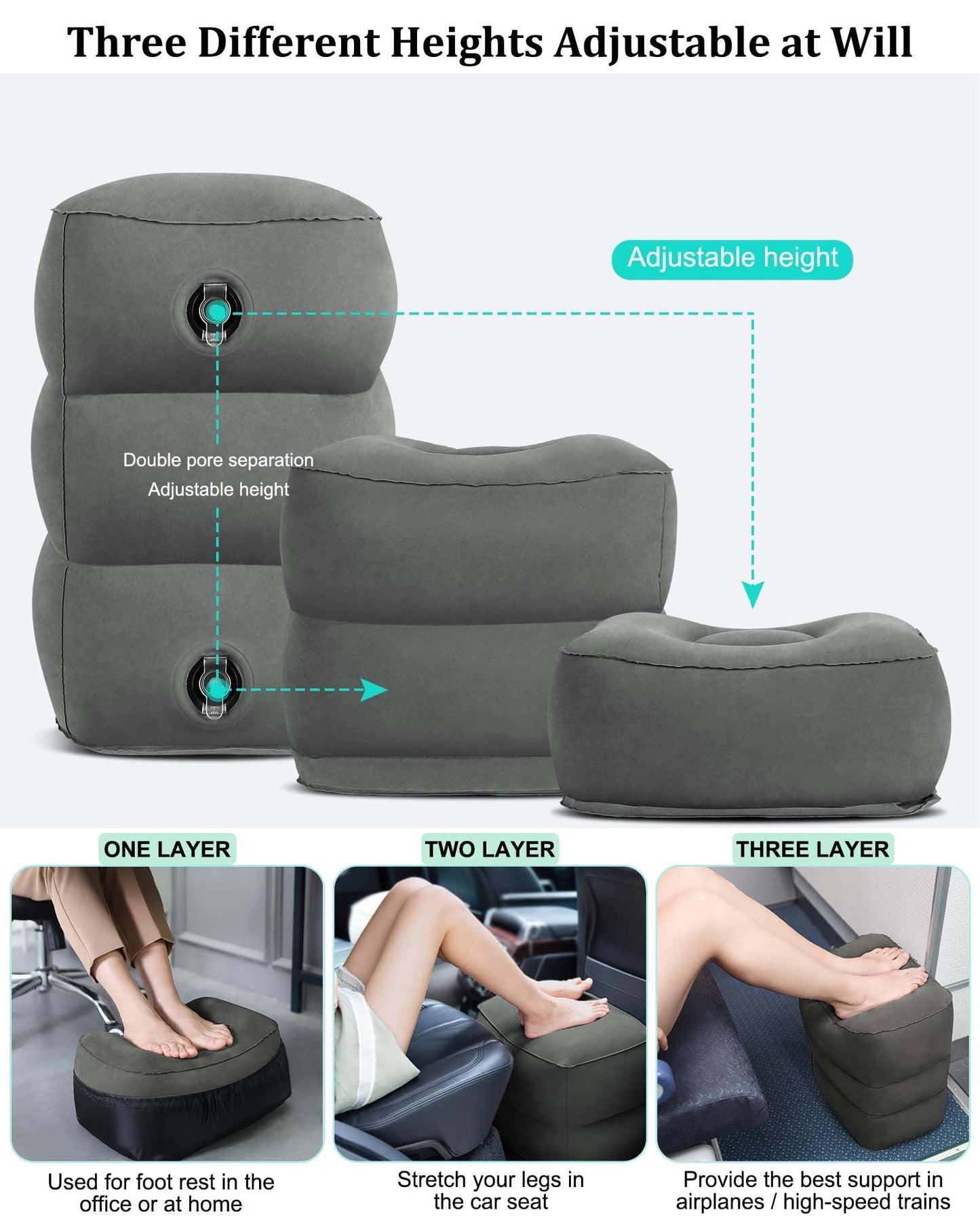 Inflatable Travel Foot Rest Pillow,Airplane Travel Pillow, Office Footrests, Adjustable 3 Layers Height Leg Rest Pillow