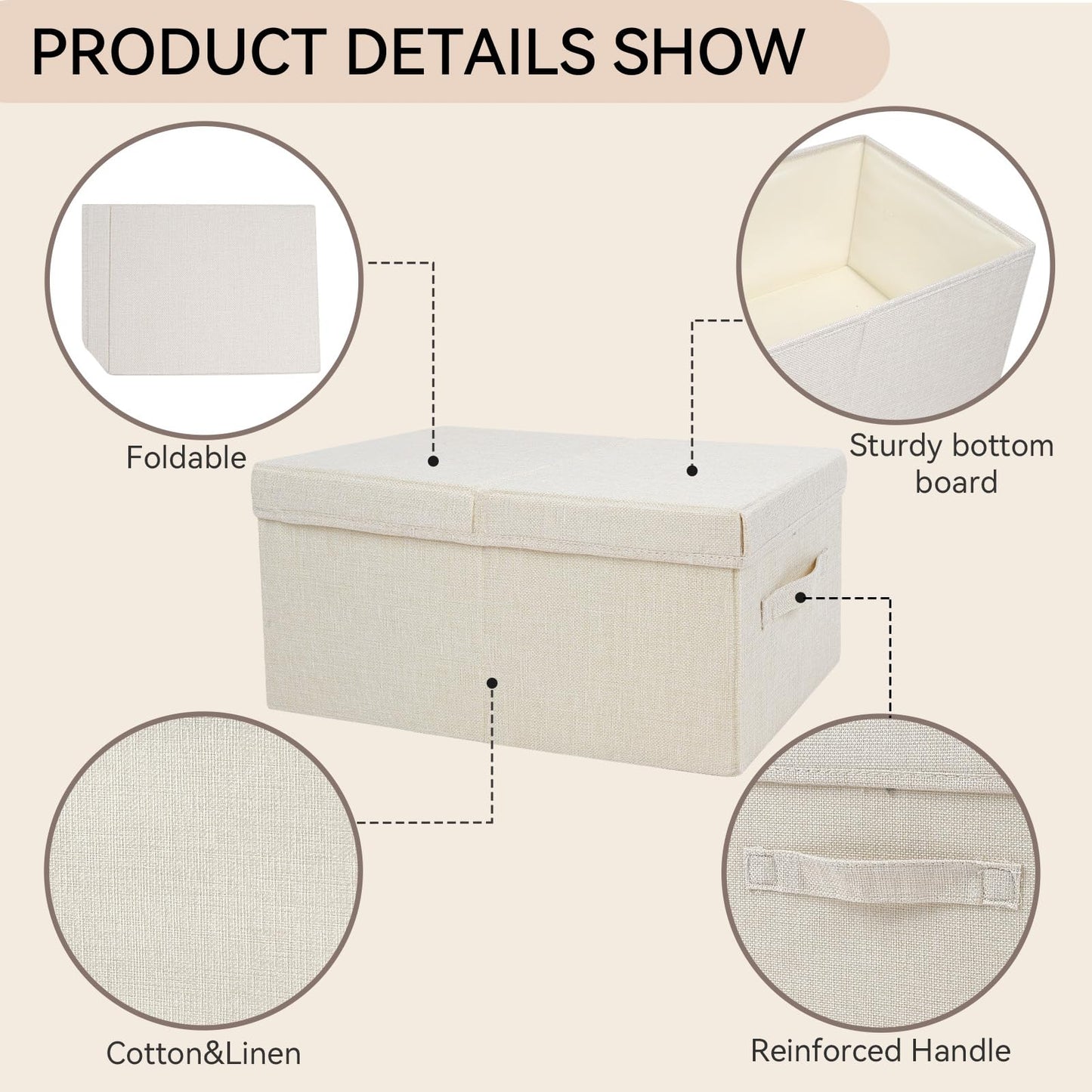 Pomodee Beige Foldable Storage Box with Lids,Set of 2 Large Wardrobe Long Storage Organiser,Collapsible Storage Baskets for