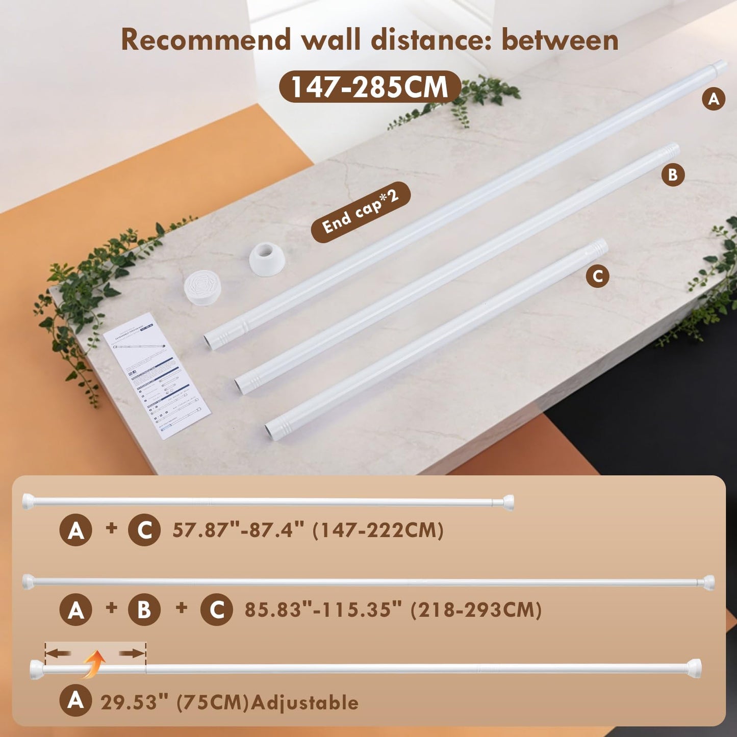 Shower Curtain Pole 147-285cm Stainless Steel Shower Curtain Rod Tension Rod for Curtains No Drill Extendable Curtain Poles Shower Curtain Rail for
