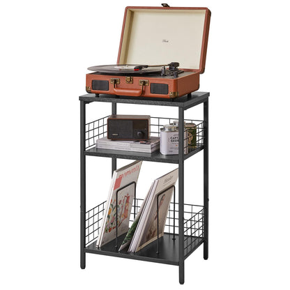 YMYNY 3 Tier End Table, Record Player Stand with Storage, Industrial Tall Side Table, Small Bookshelf, Bookcase, Display Rack, Telephone Table for