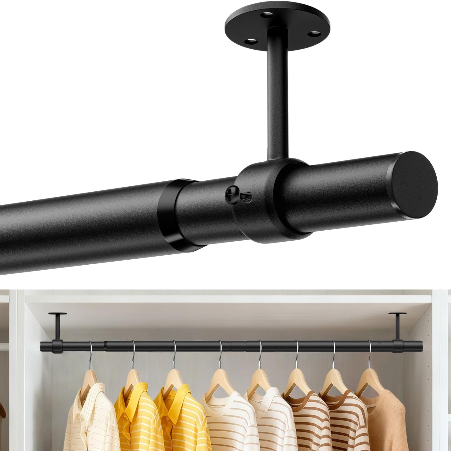 Supforce Wardrobe Rail, 43-99cm Ceiling and Wall Mounted Stepless Adjustable Wardrobe Hanging Rail, 3.3cm Heavy Duty Metal Wardrobe Pole for Wardrobe