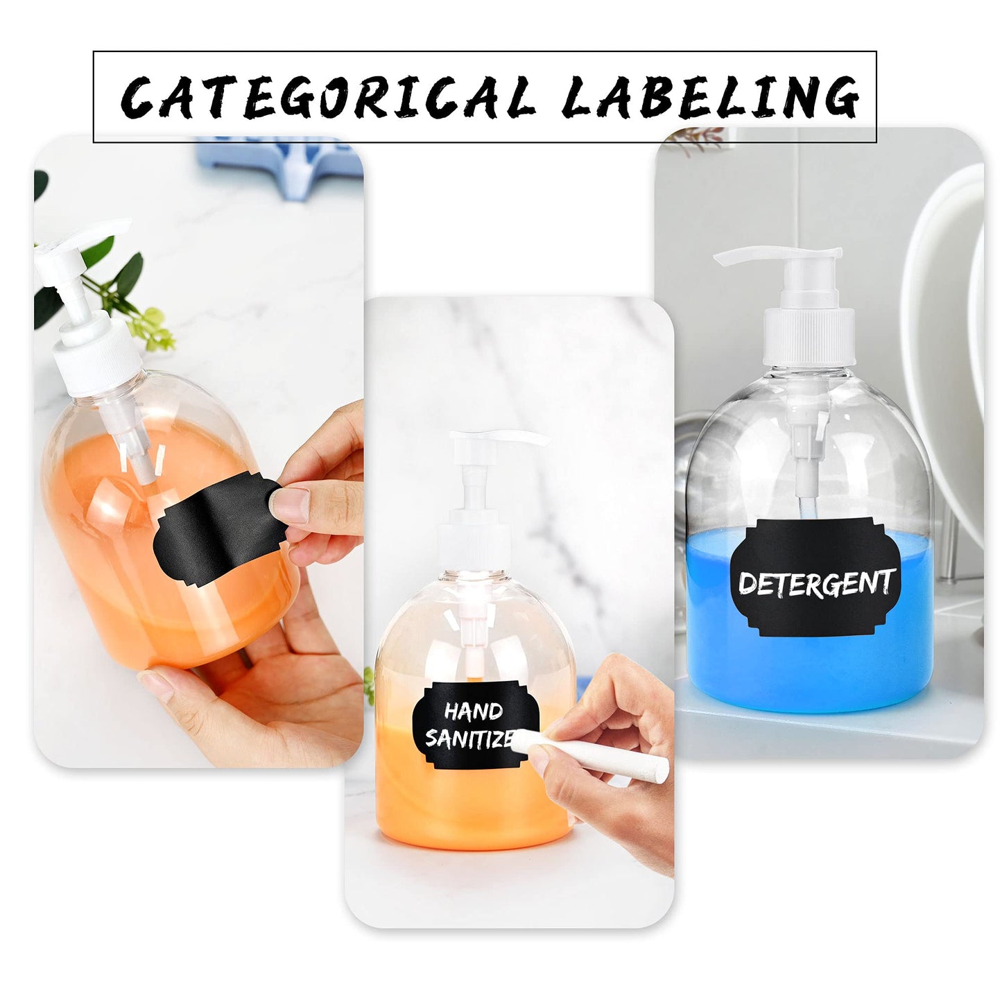 3Pcs 500ml/17oz Empty Refillable Plastic Pump Bottles, Reusable Large Capacity Transparent Soap Lotion Dispenser with Silicone Funnel & Labels for