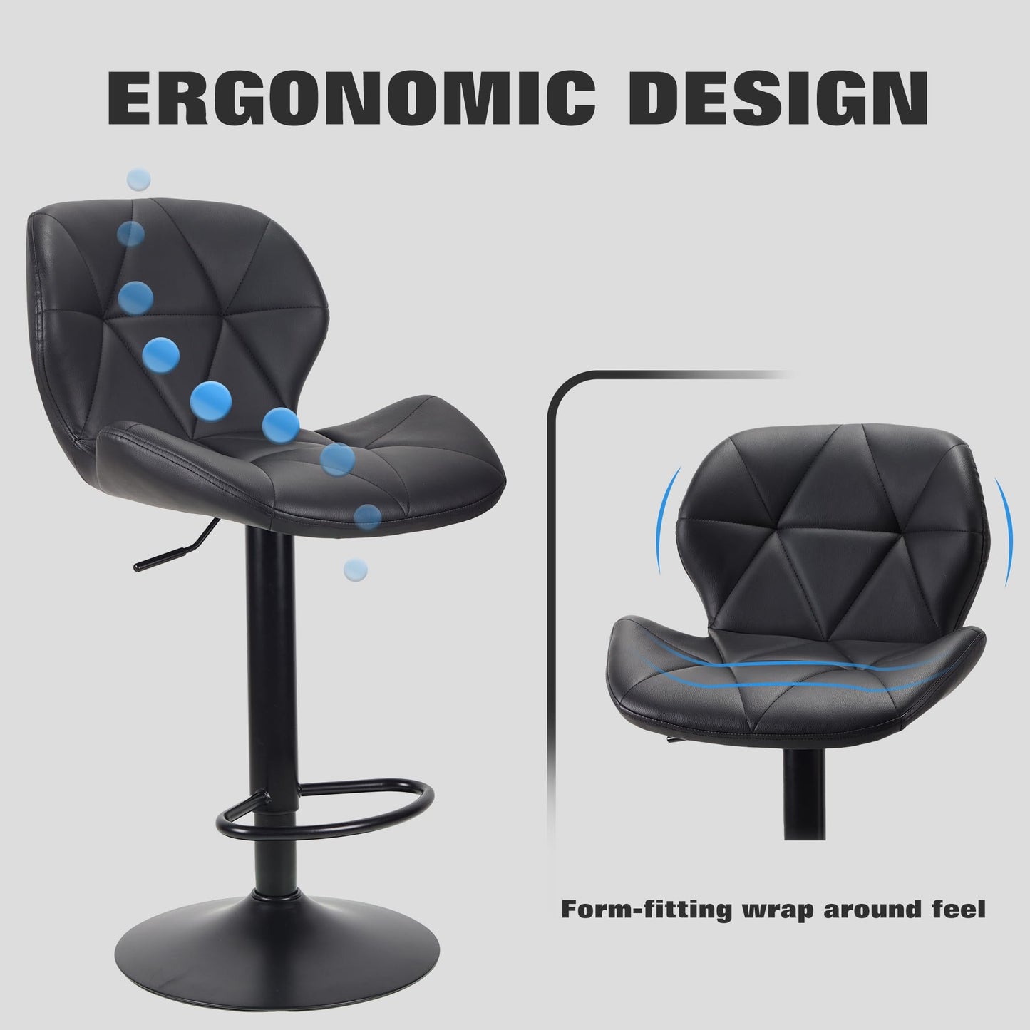 WangPangzi Bar Stools Set of 2 Bar Chairs,Modern Height Adjustable Kitchen Stools With Backs, Swivel Faux Leather Kitchen Island Chairs(All Black)
