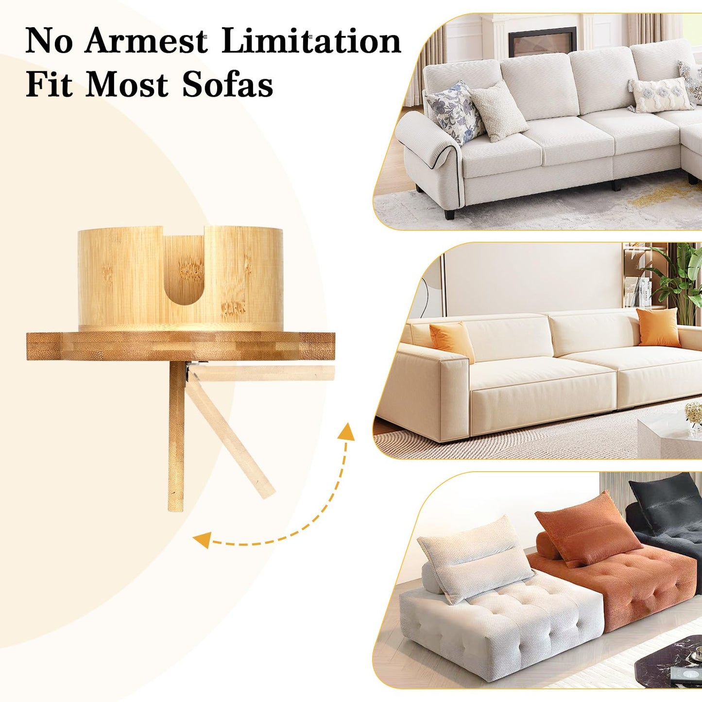 comfoyar Bamboo Couch Tray Insert for Middle Seat, Couch Gap Cup Holder Tray with 360° Rotating Cup and Phone Holder