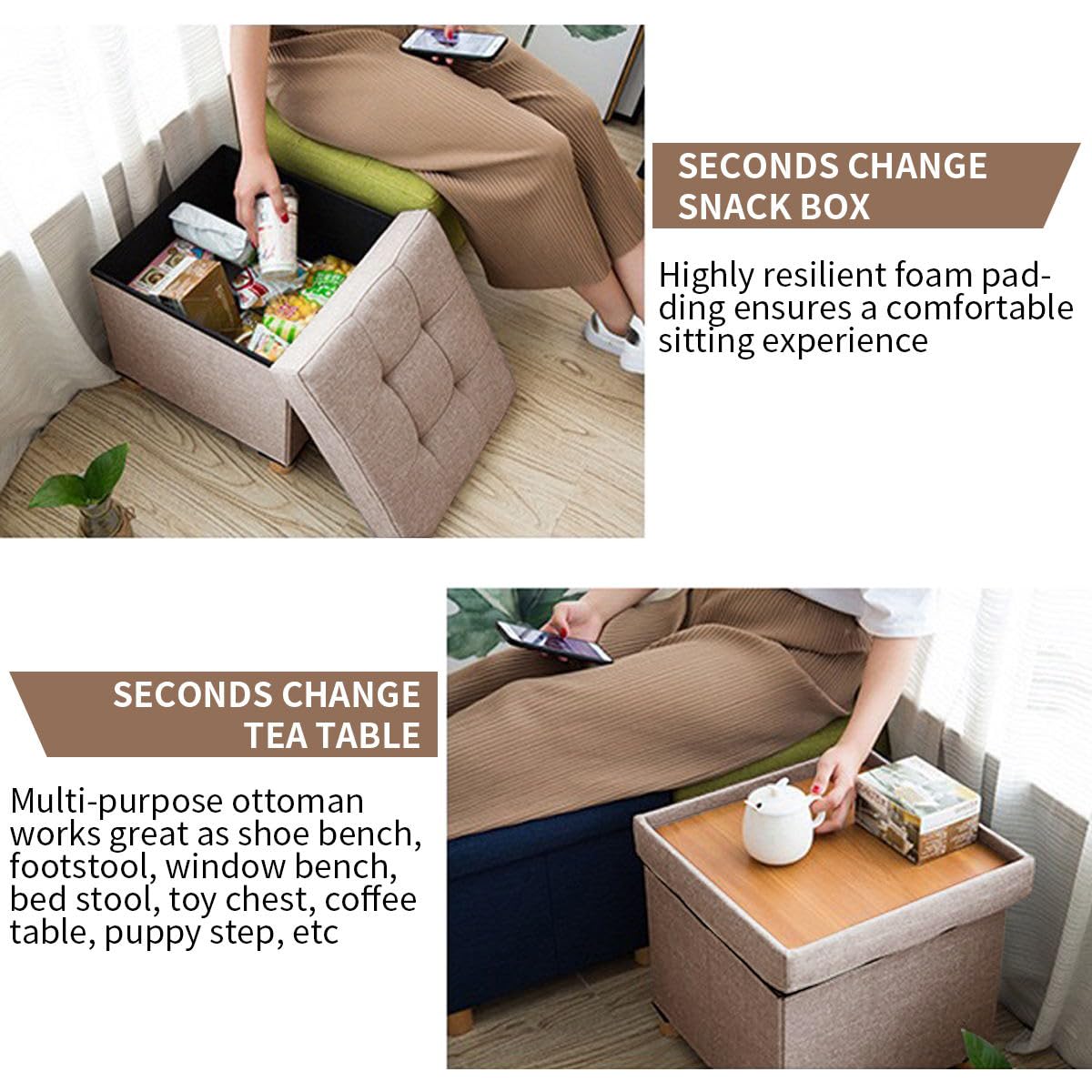 BRIAN & DANY Folding Ottoman Storage Box with Wood Legs, Linen Foot Stool, Footstool with Storage, Highly Elastic Sponge Filling, Beige, 38 x 38 x 38
