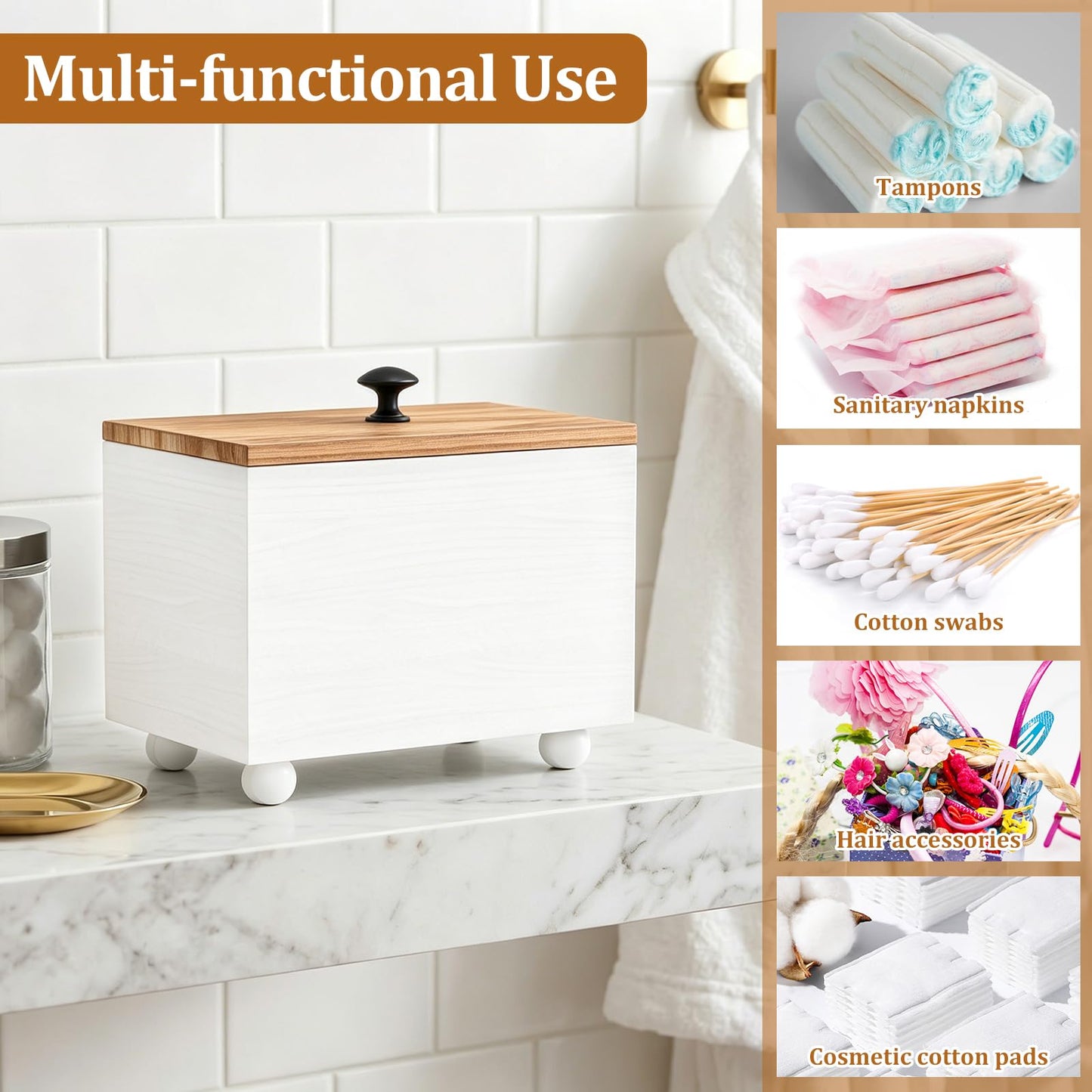 RHAIQBVC Tampon Holder for Bathroom, Versatile Tampon Storage Box with Lid &Top Handle ,Wood Feminine Product Organizer Pad Organizer Case with 4