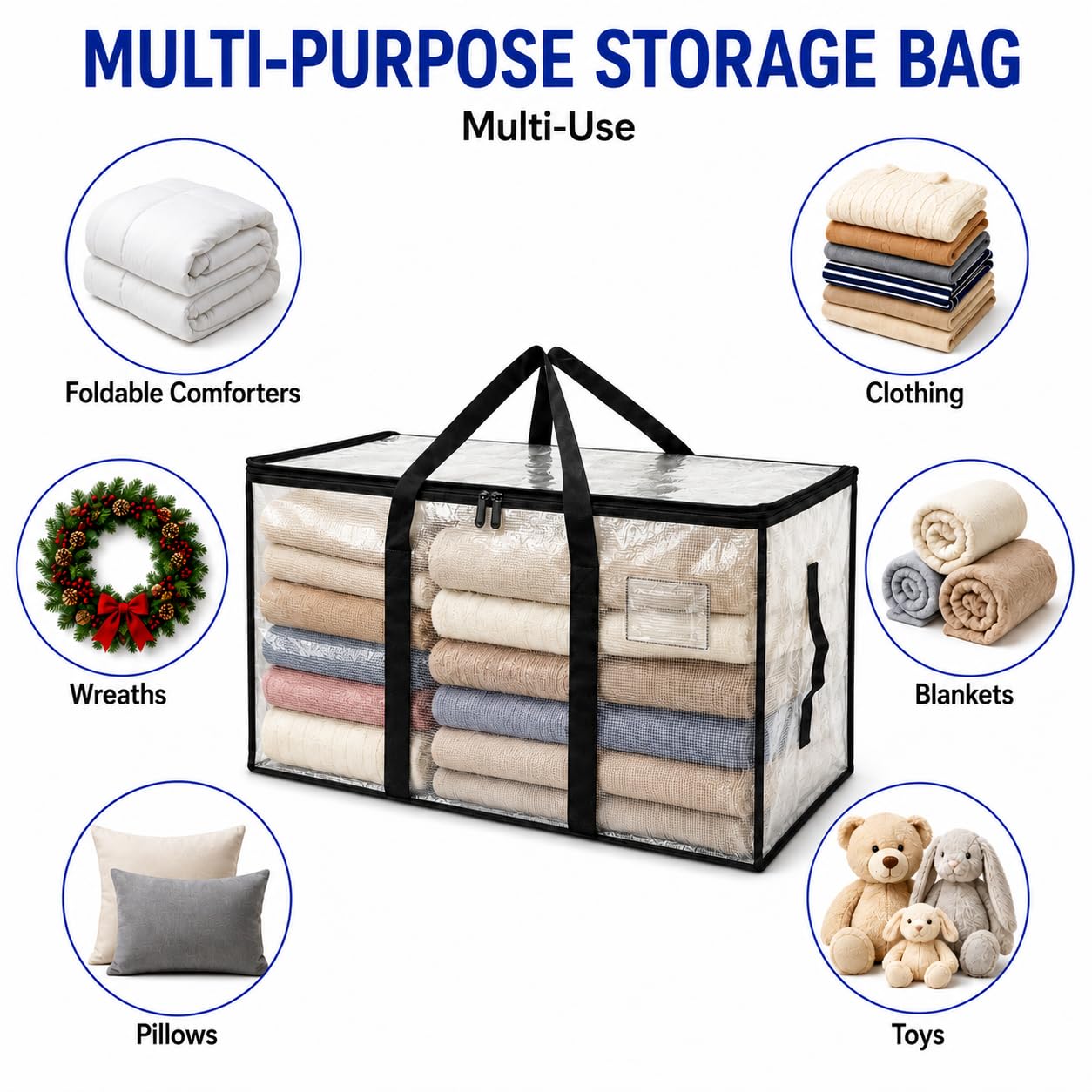 Moving bags 94L Large Clear Storage bags packing boxes Heavy Duty PP Woven Bags with Reinforced Handles and Zipper Foldable for Clothes Bedding