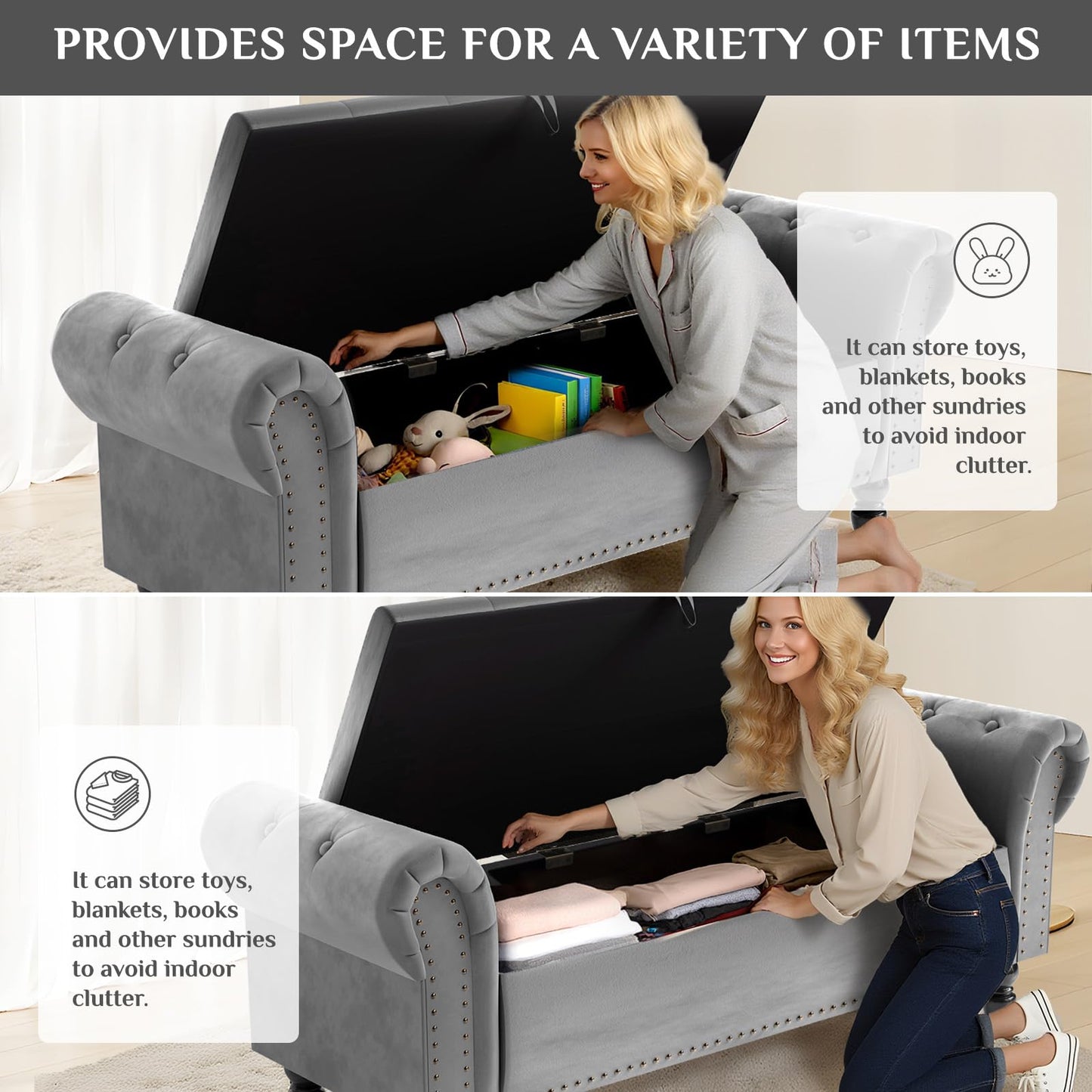 Clevich 133cm Velvet Storage Ottoman Bench, 168KG Load Capacity, Light Grey