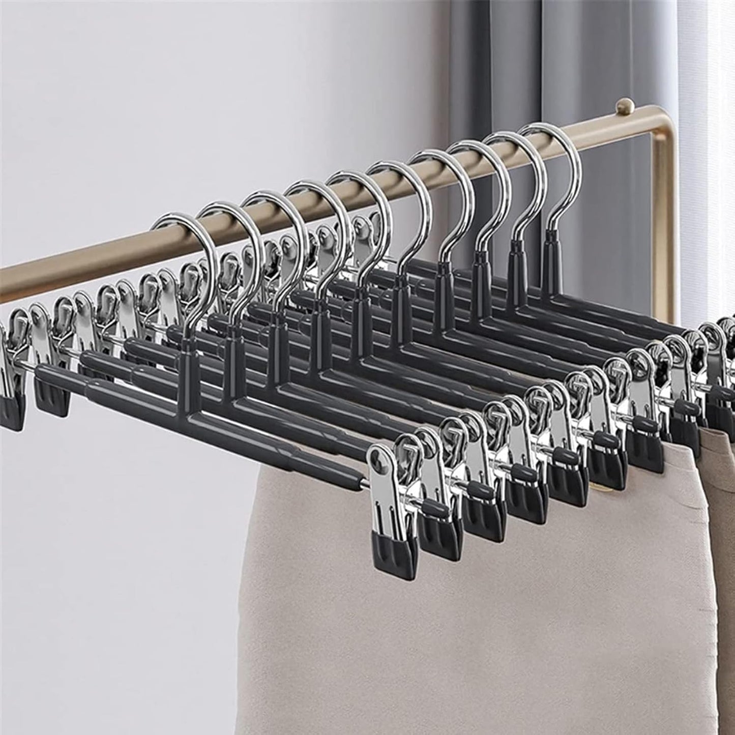 Supmaker 10 Pack Chrome Trouser Hanger,Heavy Duty Metal Pants Hangers, Skirt Hangers with Non-Slip Adjustable Clips,Space Saving Clothes Jeans