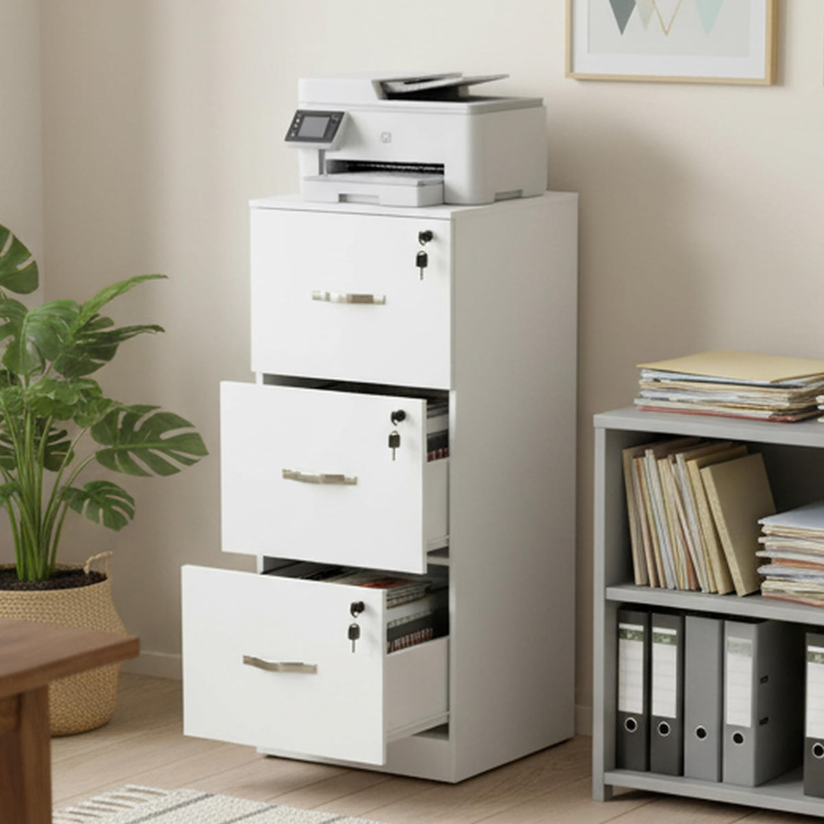 buybyroom Filing Cabinet, Lockable File Cabinet with 3 Drawers, Wooden Storage Drawers Office Cupboard Printer Stand Fits A4 Letter Size Hanging