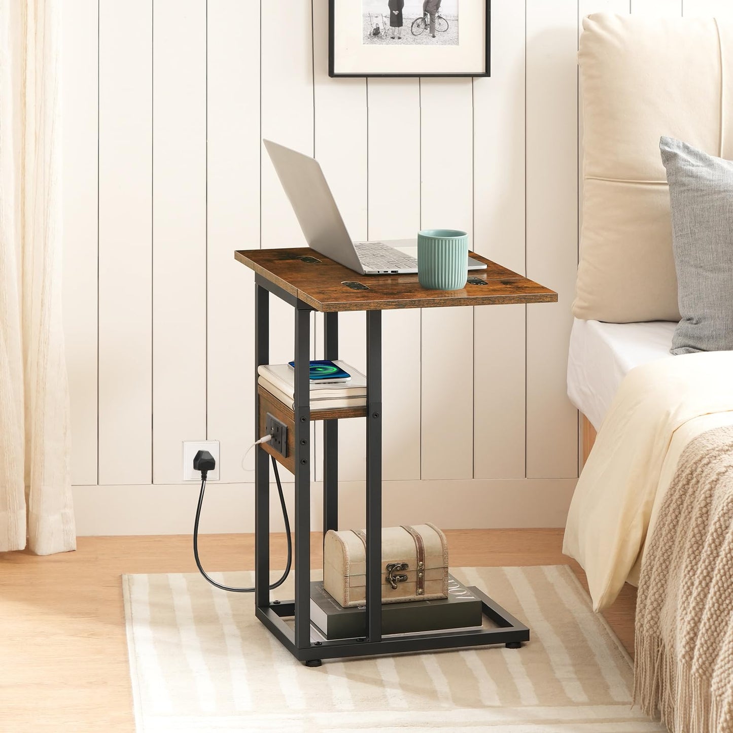 HOOBRO Foldable Side Table, Bedside Table with Charging Station, C Shaped Side Table with Storage Shelf