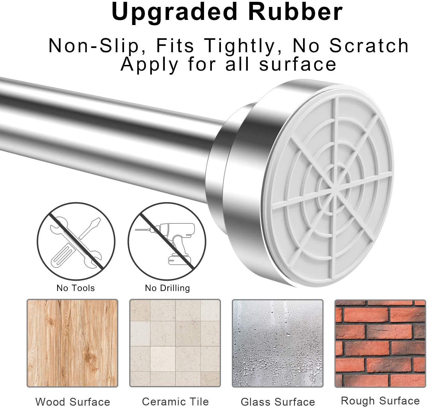 Shower Curtain Rod extendable(120-290cm), Non-Slip, Never Rust, Tension Curtain Rod, No Drilling,304 Stainless Steel
