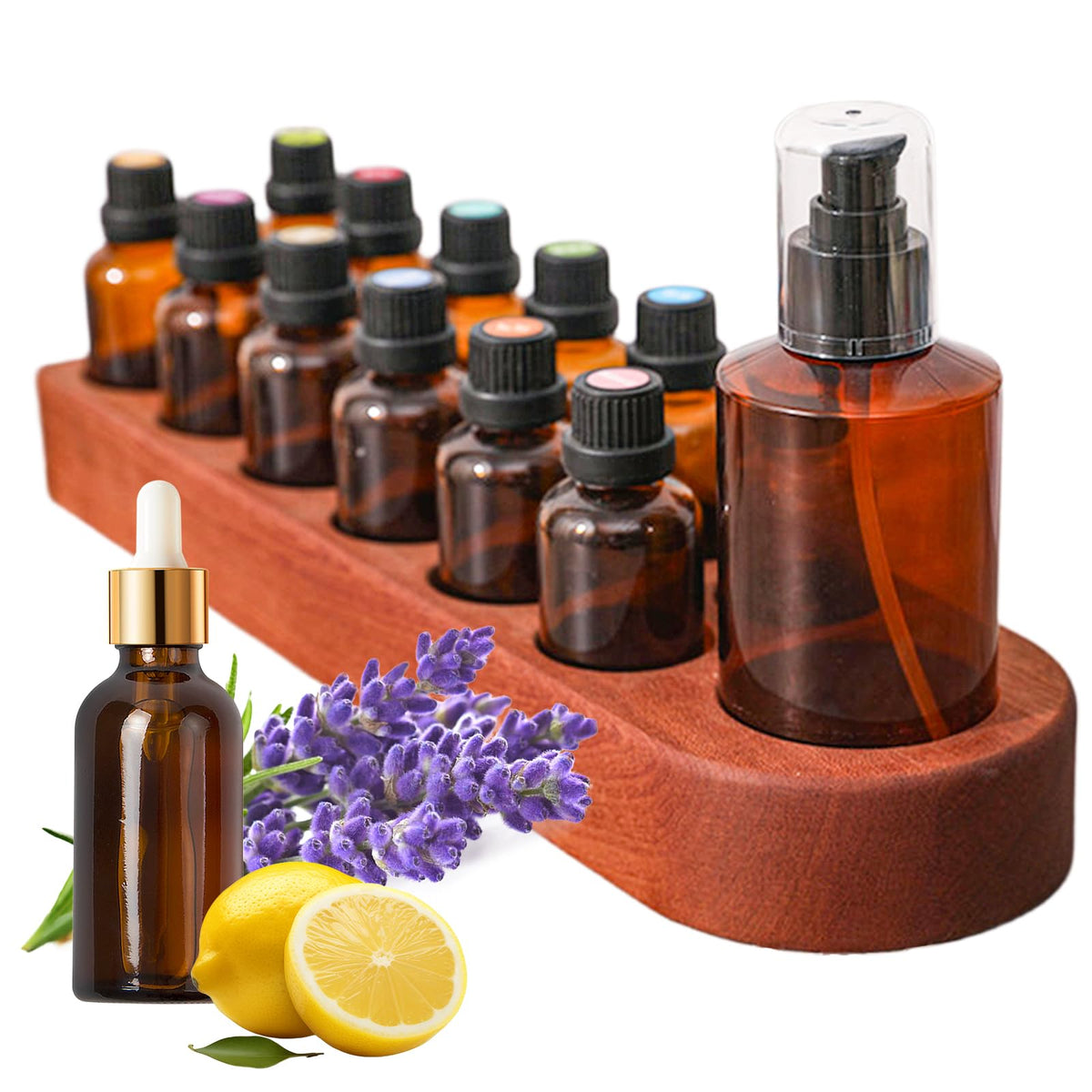 Wisnewth Wooden Essential Oil Holder with 13 Holes 3cmx12 & 5cmx1, Retro Desktop Display Rack for Bathroom Vanity Desk Organizer