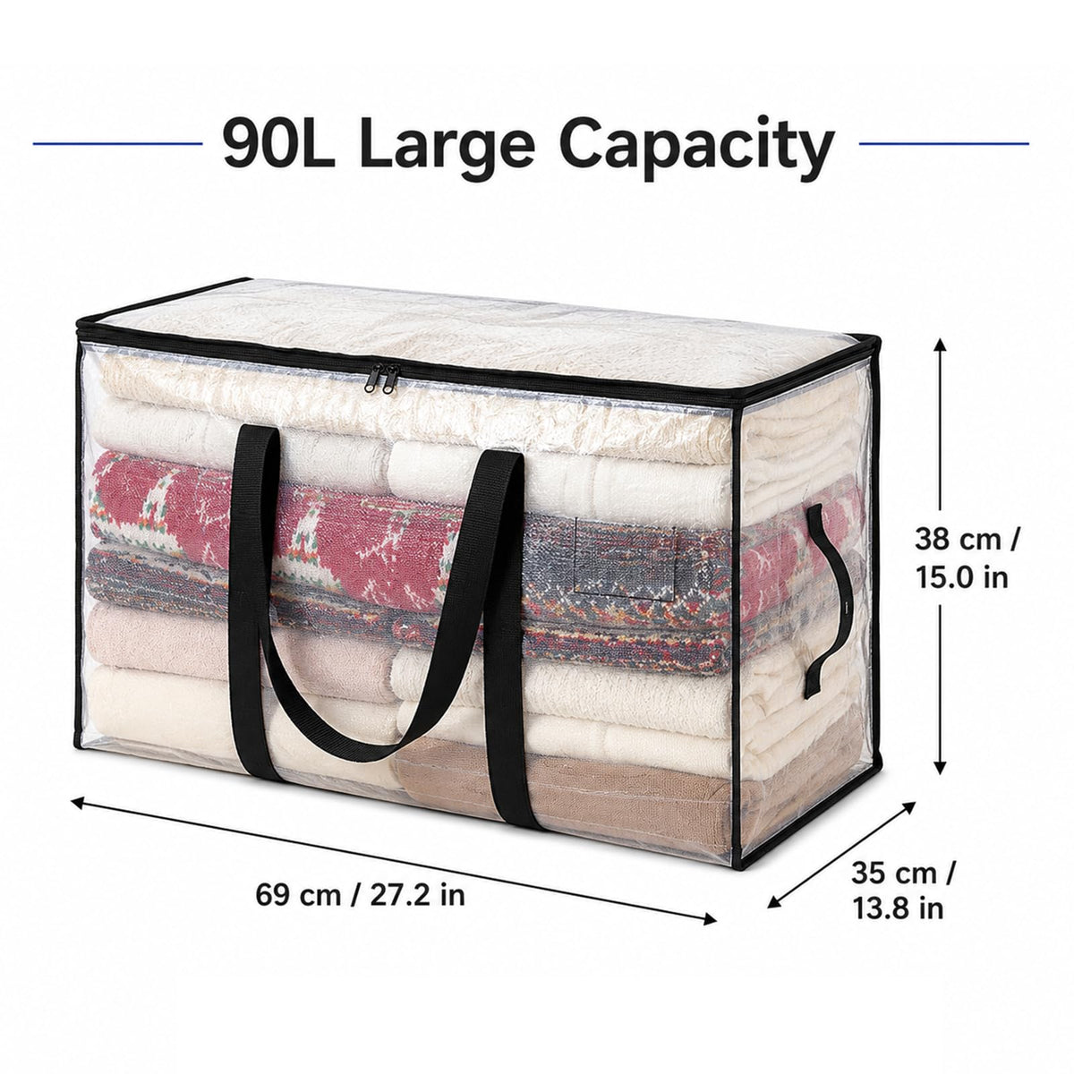 Bolizon 2 Pack 90L Moving Bags, Extra Large Clear Storage Bags with Zips & Handles, Clothes and Bedding Storage Bags for University Moving, Dorm