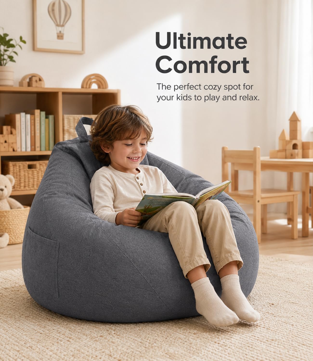 Highdi Kids Bean Bag Without Fillings - Cotton Linen Durable & Comfortable, Grey Storage Bean Bag Chair for Living Room/Bedroom/Gaming Room