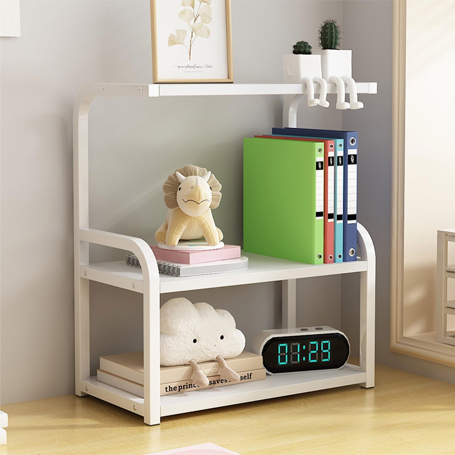 Numjeg 3-Tier Bookcase Desktop Wood White Metal Rack Bookshelf Supplies Bedroom Shelf Organizer Shelf for Top of Desk and Dresser Dining Room Furnitu