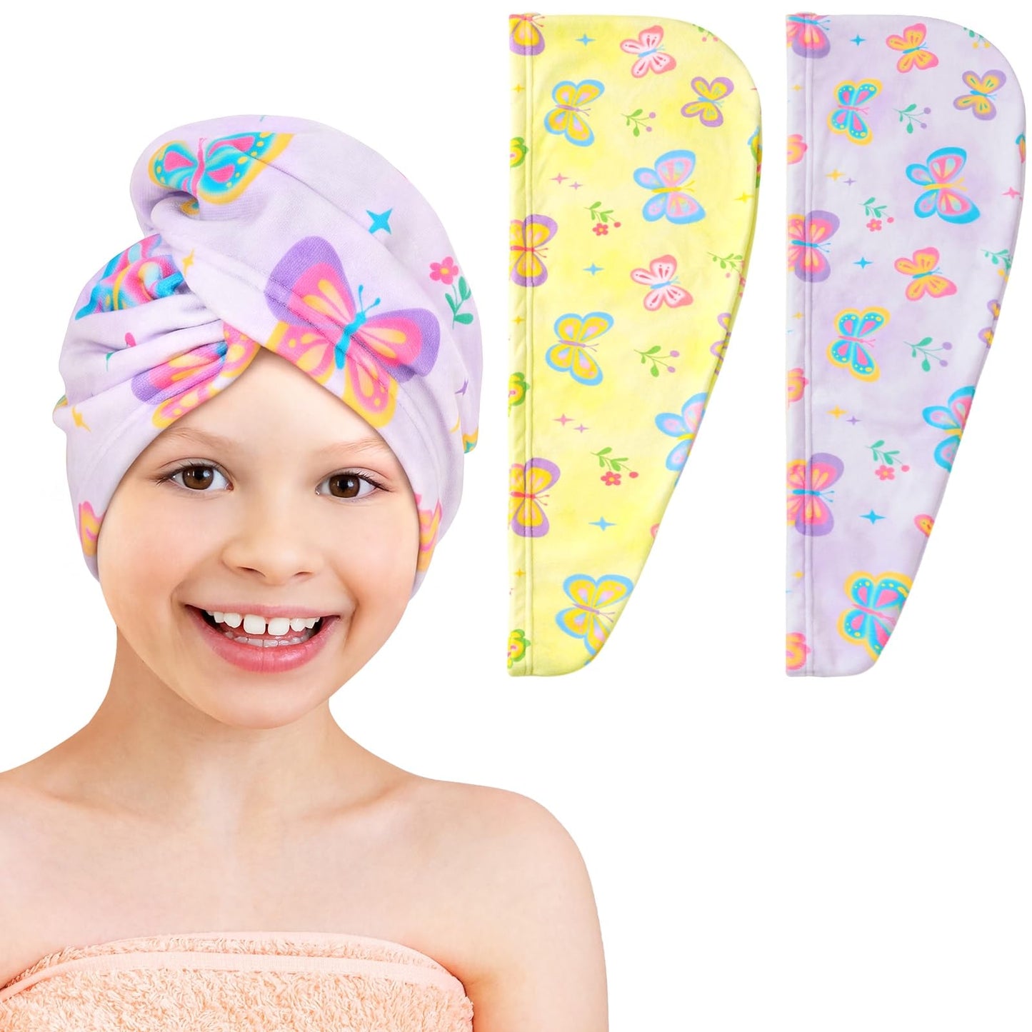 WAWSAM 2 Pack Kids Hair Towel Wrap for Girls, Microfibre Hair Turban Towel Fast Drying, Butterfly Hair Towel Wrap with Elastic Strap for Long Hair