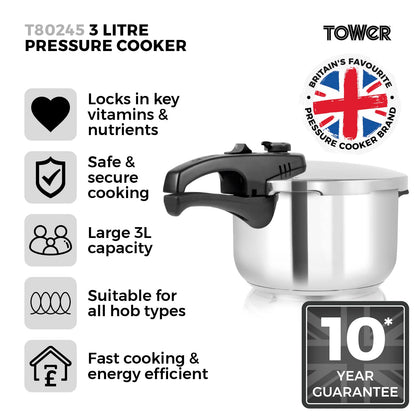 Tower T80245 Stainless Steel Pressure Cooker with Steamer Basket, 3 Litre, Stainless Steel, Silver