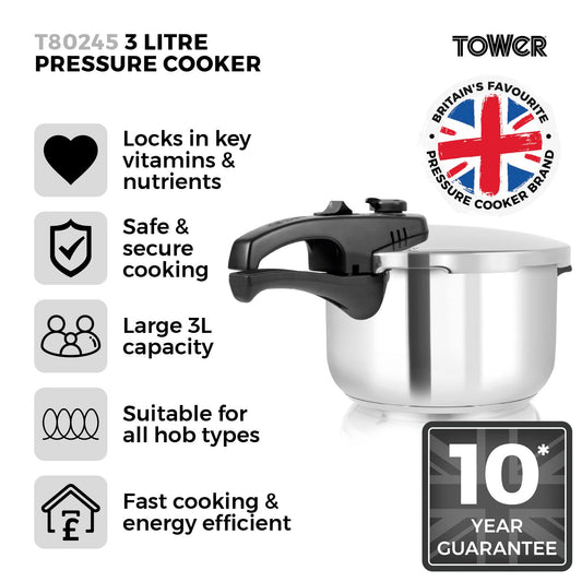 Tower T80245 Stainless Steel Pressure Cooker with Steamer Basket, 3 Litre, Stainless Steel, Silver