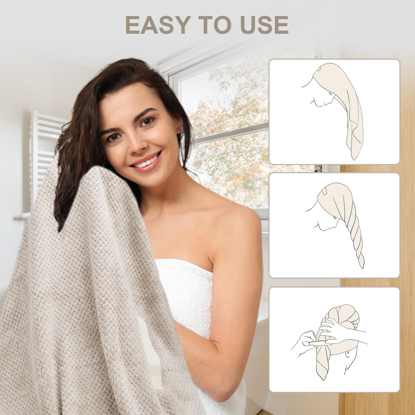 YRVCT Large Hair Turban Towel Wrap for Women, Quick Dry Super Absorbent Hair Drying Towel,Girls Anti Frizz Hair Drying Towel with Elastic Strap for