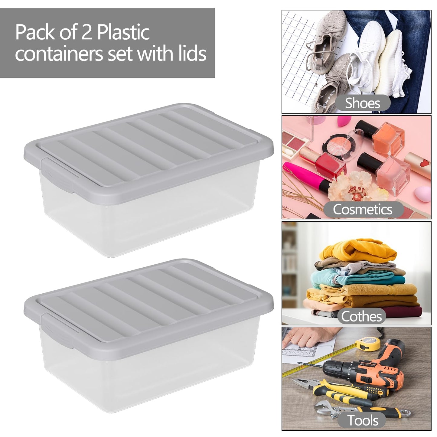 Afromy 14 L Plastic Latching Storage Box with Grey Lid, Set of 2