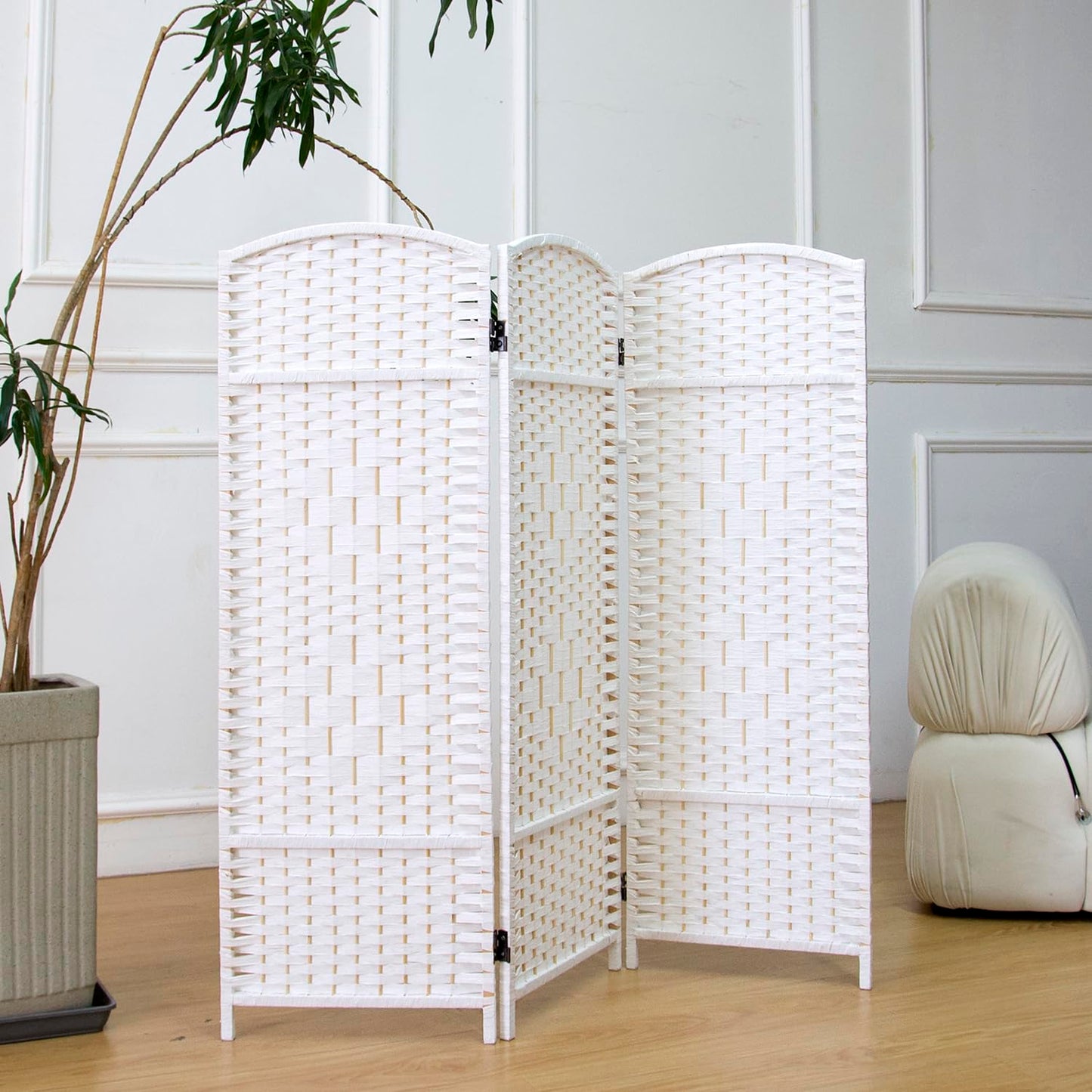 Furnnylane 3 Panel White Rattan Divider Short Room Partition Screen,Double Sided Short Folding Divider for Room Separation,120 cm Tall