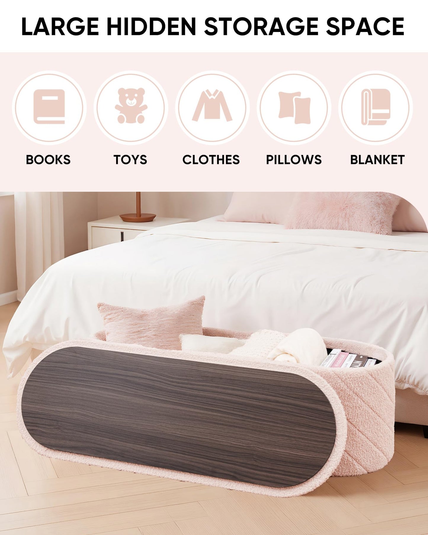 Bonlife Oval Ottoman with Storage Bench, Folding Foot Rest with Lid, Boucle End of Bed Bench,Foostool for Living