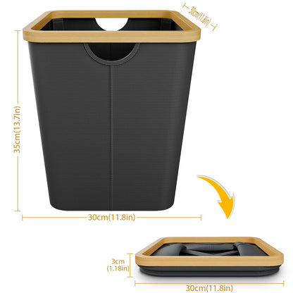 Vireon Waste Paper Bin with Bamboo Frame 30L Waste Basket with Oxford Fabric - Desk Bins for Office & Home Accessories Black, Square, 30, Litres