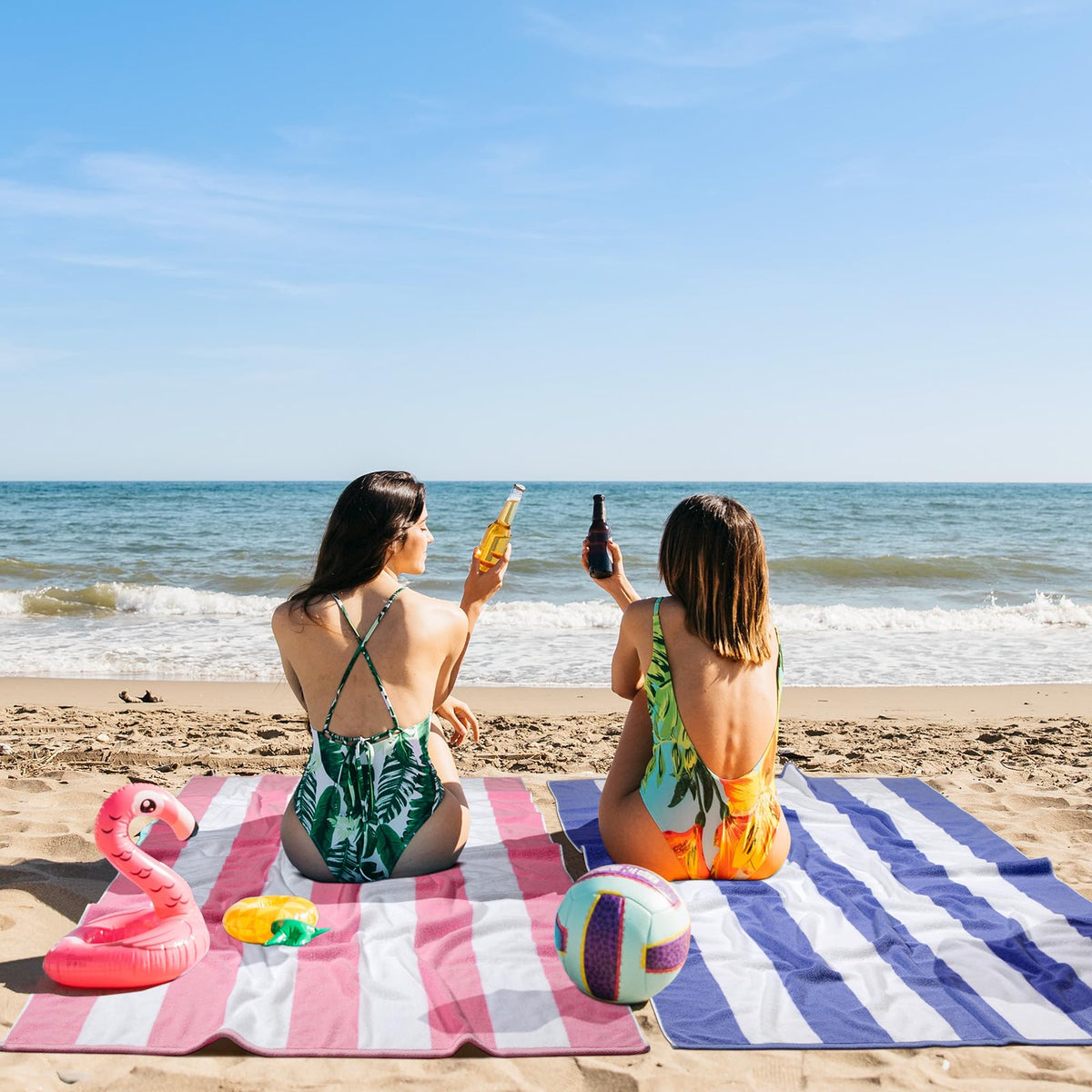 Ouxiaobai Cotton Oversized Beach Towel - Extra Large 180 x 100 CM Soft Absorbent Pool Towel for Adults, Striped Cabana Swim Towel Blue