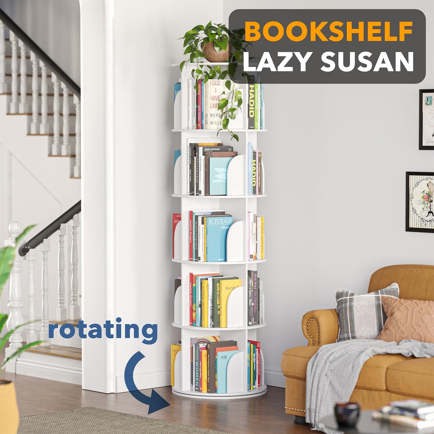SpaceAid 5-Tier Rotating Shelf Tower, Rotating Lazy Susan Bookcase, 360° Round Storage Rack, Vertical Rotation, Spiral Corner Organizer, White
