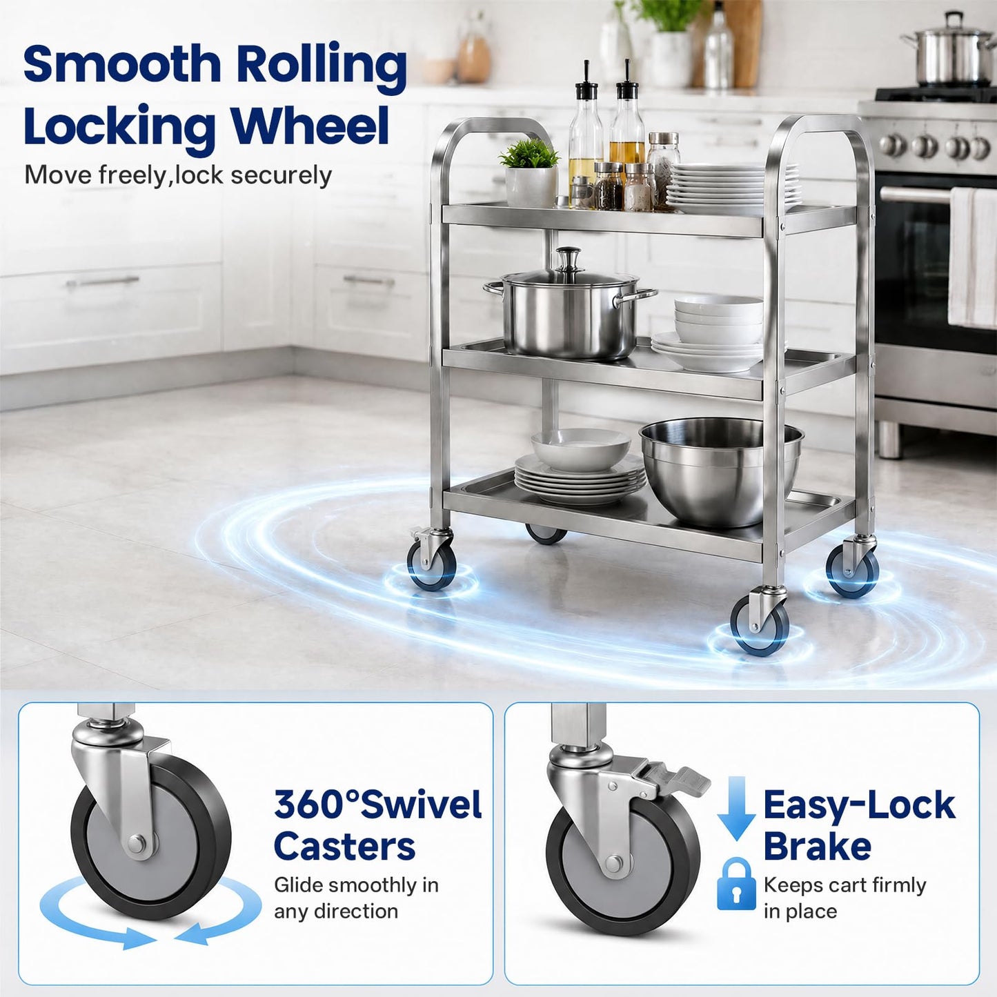3 Tier Stainless Steel Cart, Rolling Catering Storage Cart (95x50x95cm)