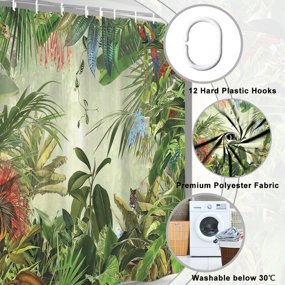 Uiiooazy Forest Shower Curtain, Green Tropical Palm Leaves Monstera Boho Bath Curtain Mildew and Mould Proof Waterproof Polyester Fabric Opaque