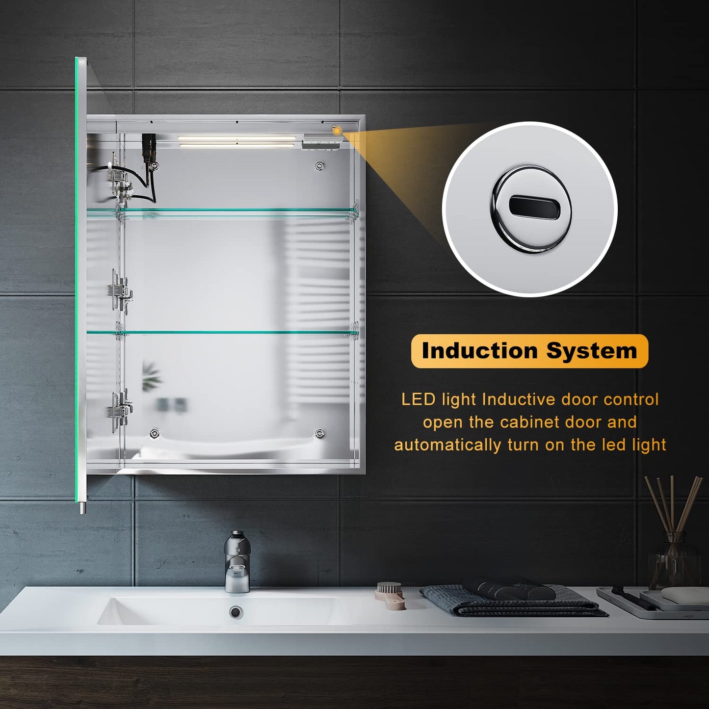 ELEGANT Wall Mounted Bathroom Cabinet - 500 x 700mm, Stainless Steel, Soft Close, Illuminated, Touch Switch, Dimmable, Defogger