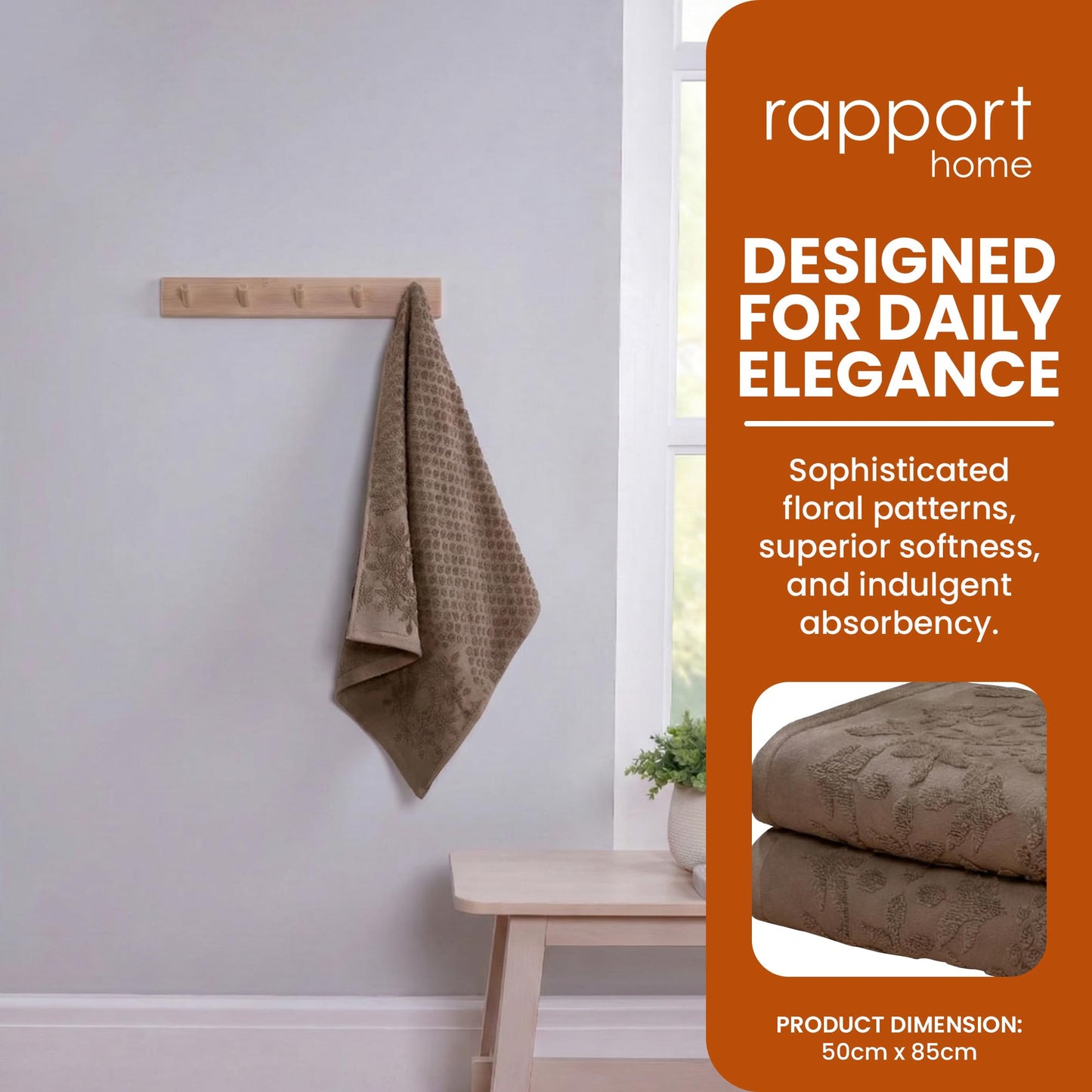 Rapport Home Versailles Jacquard Hand Towels 2 Pack, Mushroom Latte