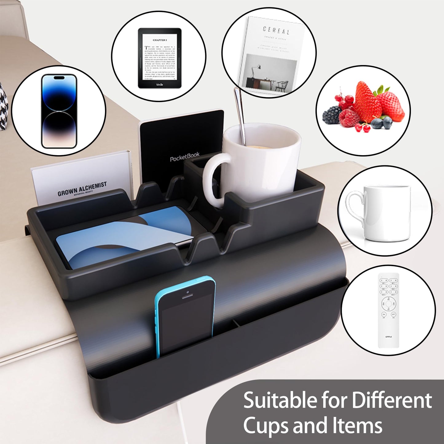A1DIEE Couch Arm Cup Holder Silicone Sofa Armrest Tray with 5 Side Pockets