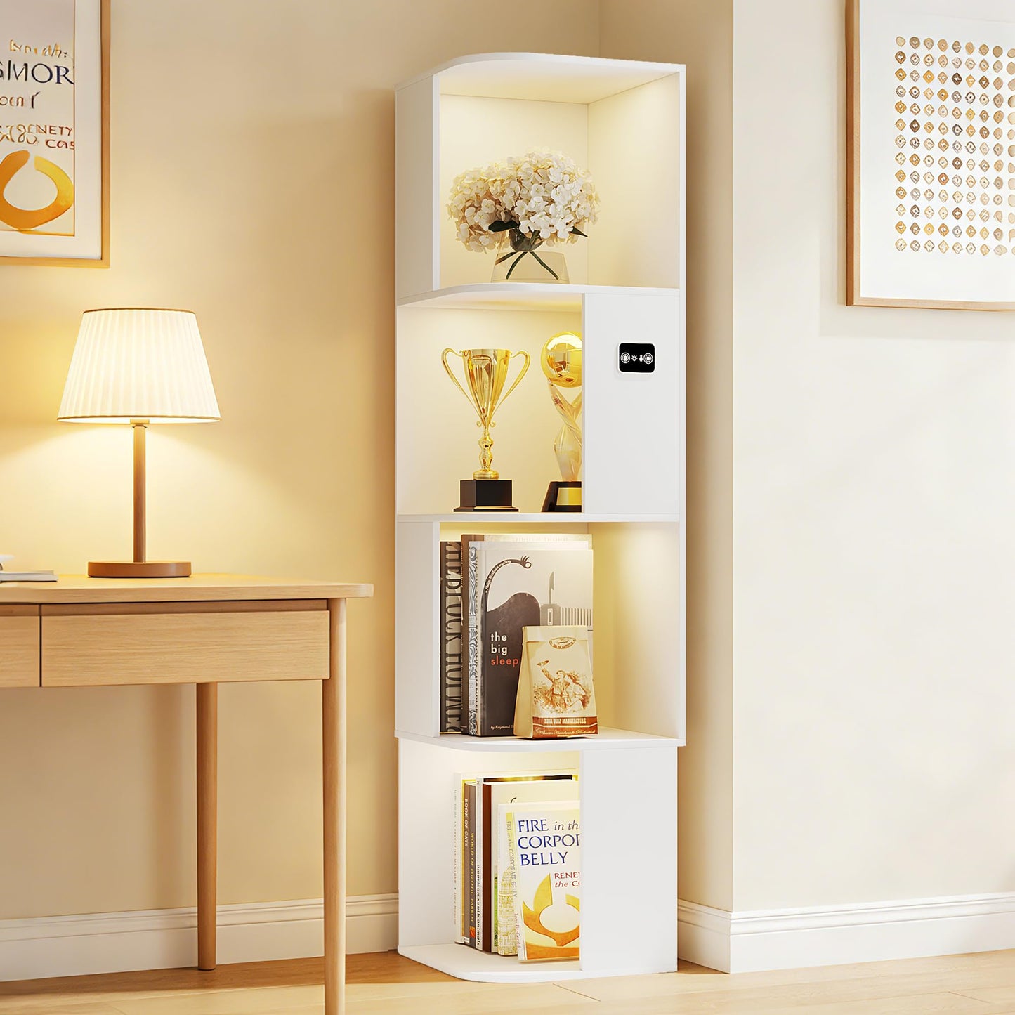 55.1 " Corner Wood Bookcase with Body Sensor LED for Home Office,White